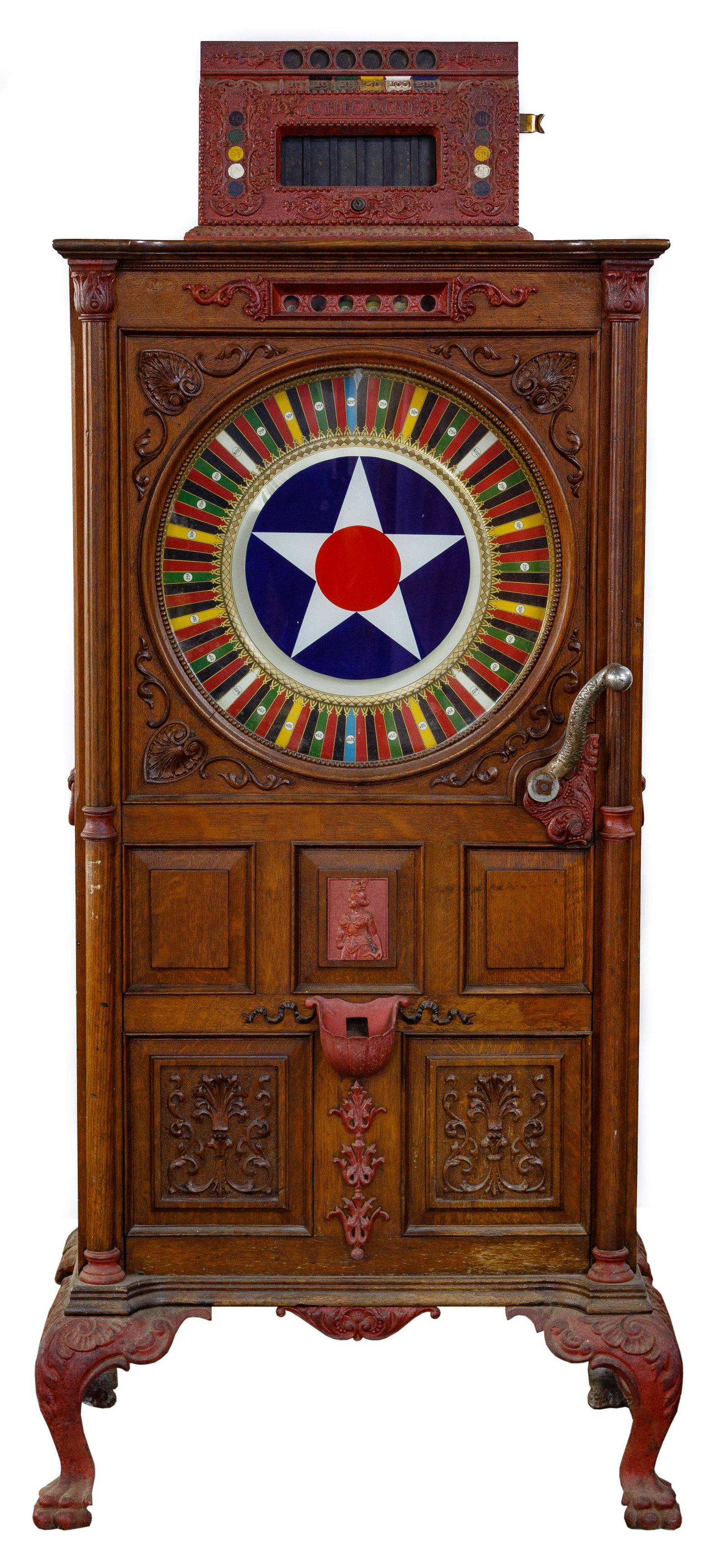Chicago Upright Floor Wheel Coin-Op Slot Machine: Chicago Upright Floor Wheel Coin-Op Slot Machine c.1898 single wheel slot machine having wood cabinet, red painted cast iron feet, handles, coin cup and embellishments, six-way coin head and reverse p