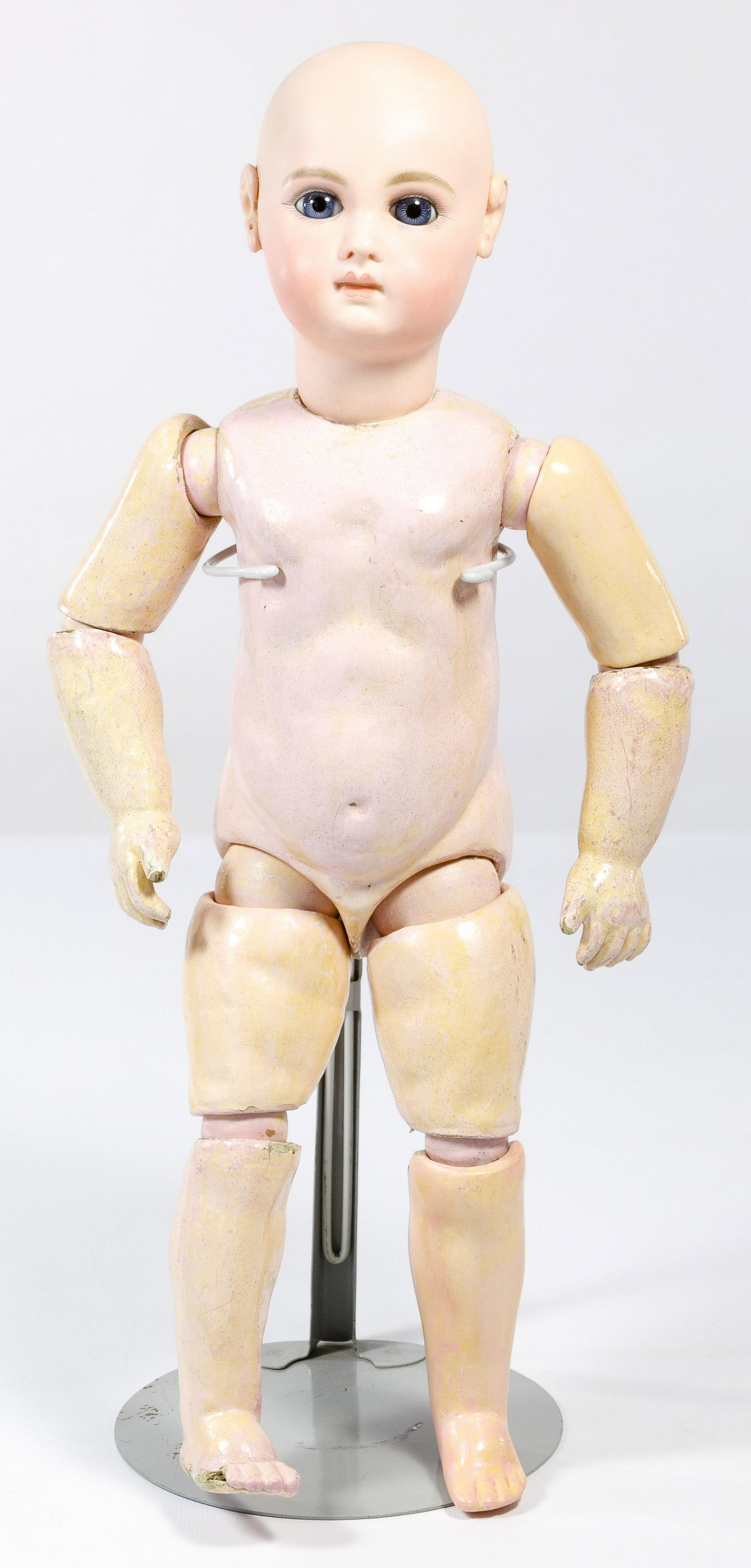 French Jumeau #8 Bisque Head Doll: French Jumeau #8 Bisque Head Doll Bisque socket head doll having blue paperweight eyes, painted eyelashes, single stroke brows, closed mouth, French composition and wood fully-jointed body, straight w