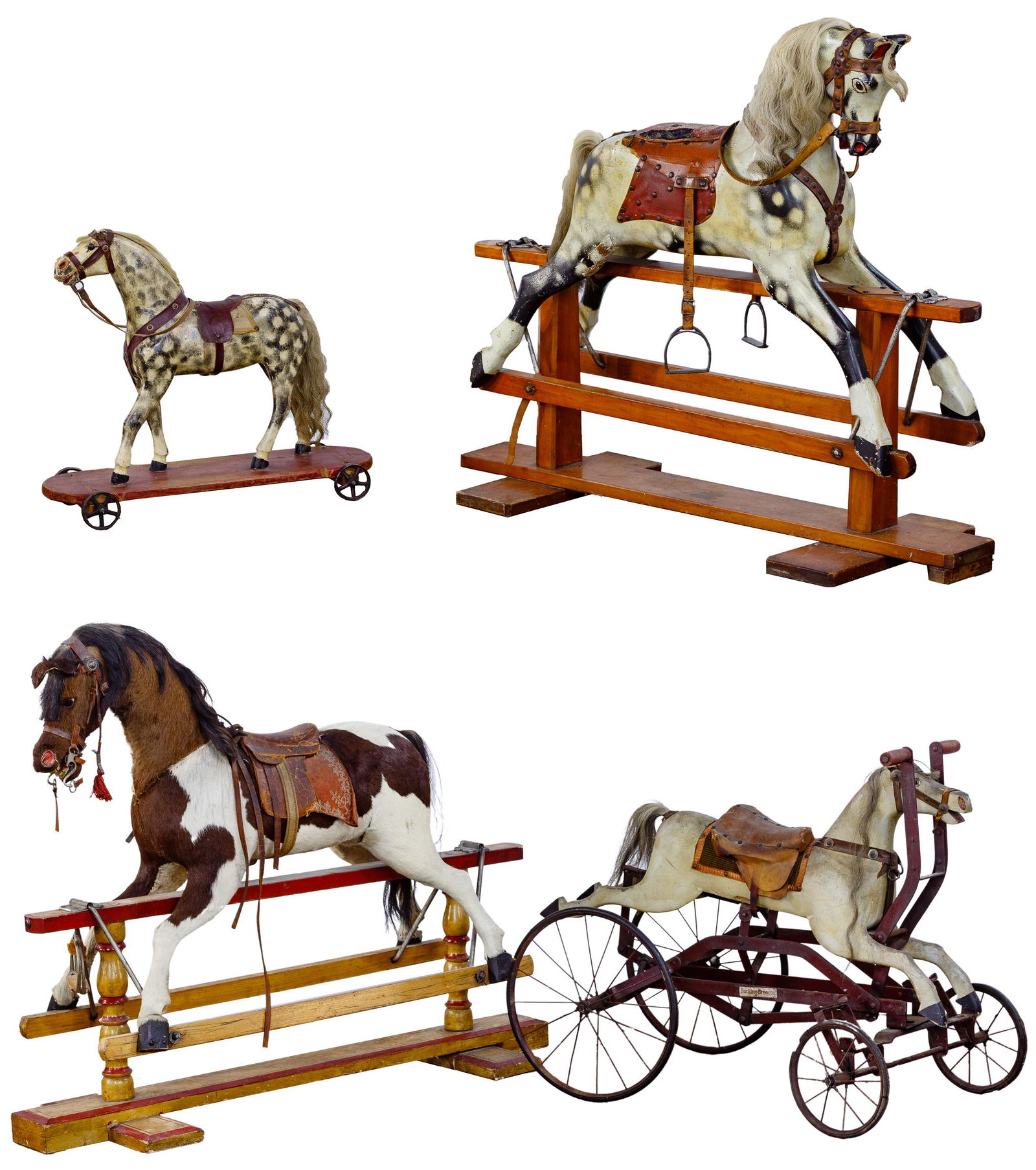 Hobby Horse Assortment: Hobby Horse Assortment (4) horses including a pedal labeled 'Bucking Bronco' and a pull, both having carved and painted wood bodies, real hair manes and tails, leather saddles and reins and fabric acc