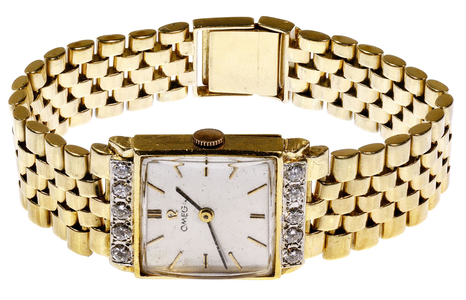 Omega 18k Yellow Gold and Diamond Case and Band Wrist: Omega 18k Yellow Gold and Diamond Case and Band Wrist Watch Upper and lower bezel adorned with (10) round cut diamonds weighing approximately 1.00 carats total; band marked '18k' on clasp, case marked