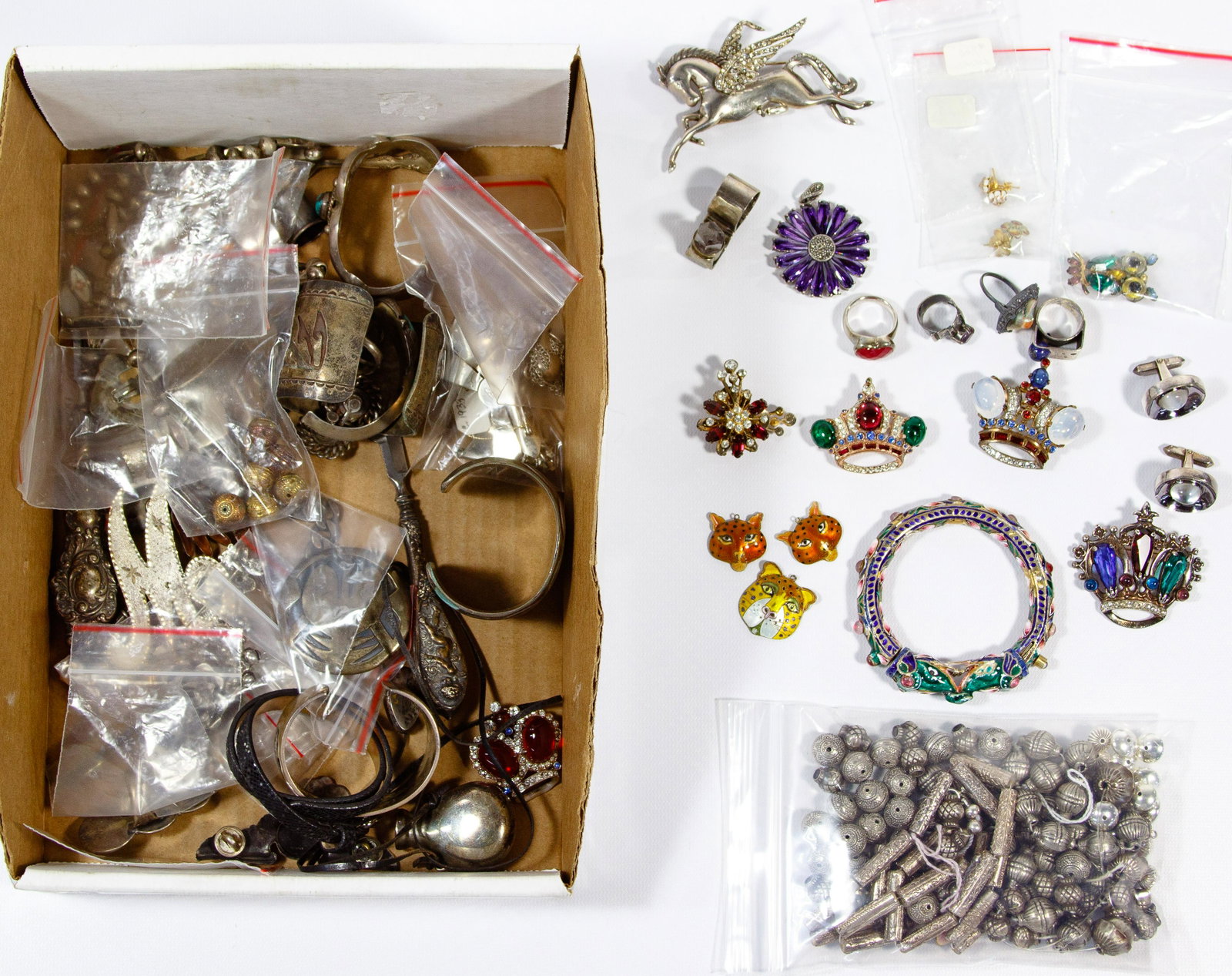 Sterling Silver Jewelry Assortment: Sterling Silver Jewelry Assortment Including bracelets, pins, beads, rings, necklaces, pendants; some with rhinestones and stones, some marked '925' or 'sterling' Property from: a Lake Forest, Illinoi
