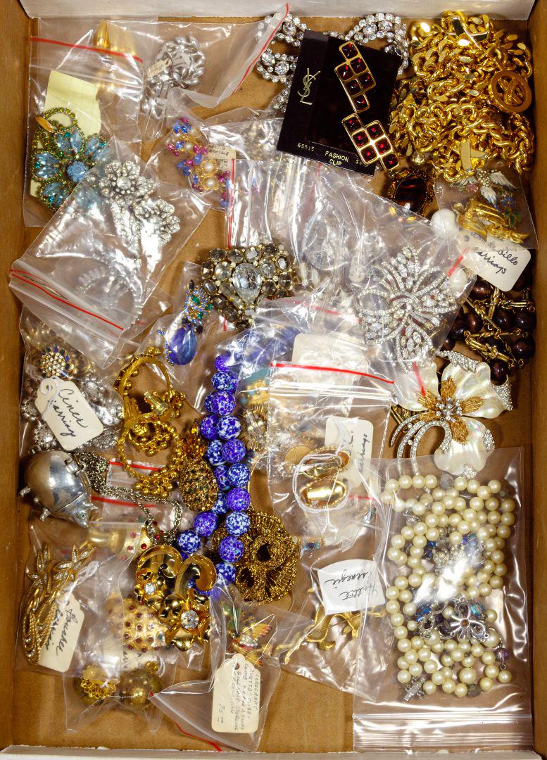 Designer Jewelry Assortment: Designer Jewelry Assortment Including brooches, earrings, fur clips, necklaces and belt; signed by various designers including Paloma Picasso, Hattie Carnegie, Kenneth Lane, Coro and CoroCraft, Trifar
