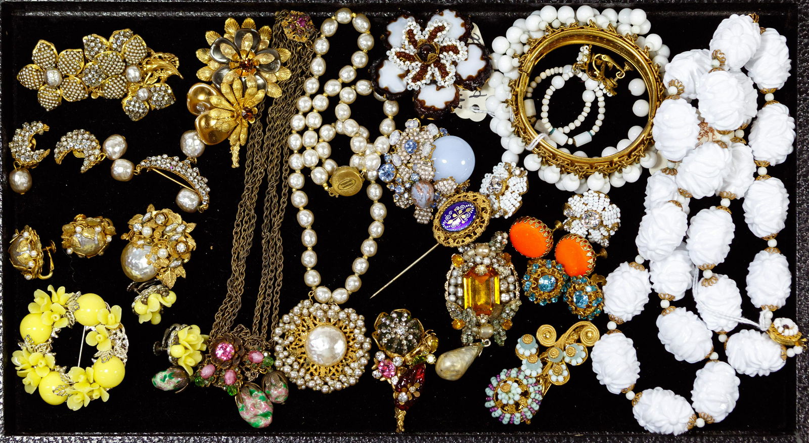 Miriam Haskell Rhinestone and Jewelry Assortment: Miriam Haskell Rhinestone and Jewelry Assortment Including (3) earring and brooch sets, a bracelet and earring set having glass bead decor, a white plastic necklace, a faux pearl pendant necklace, a p