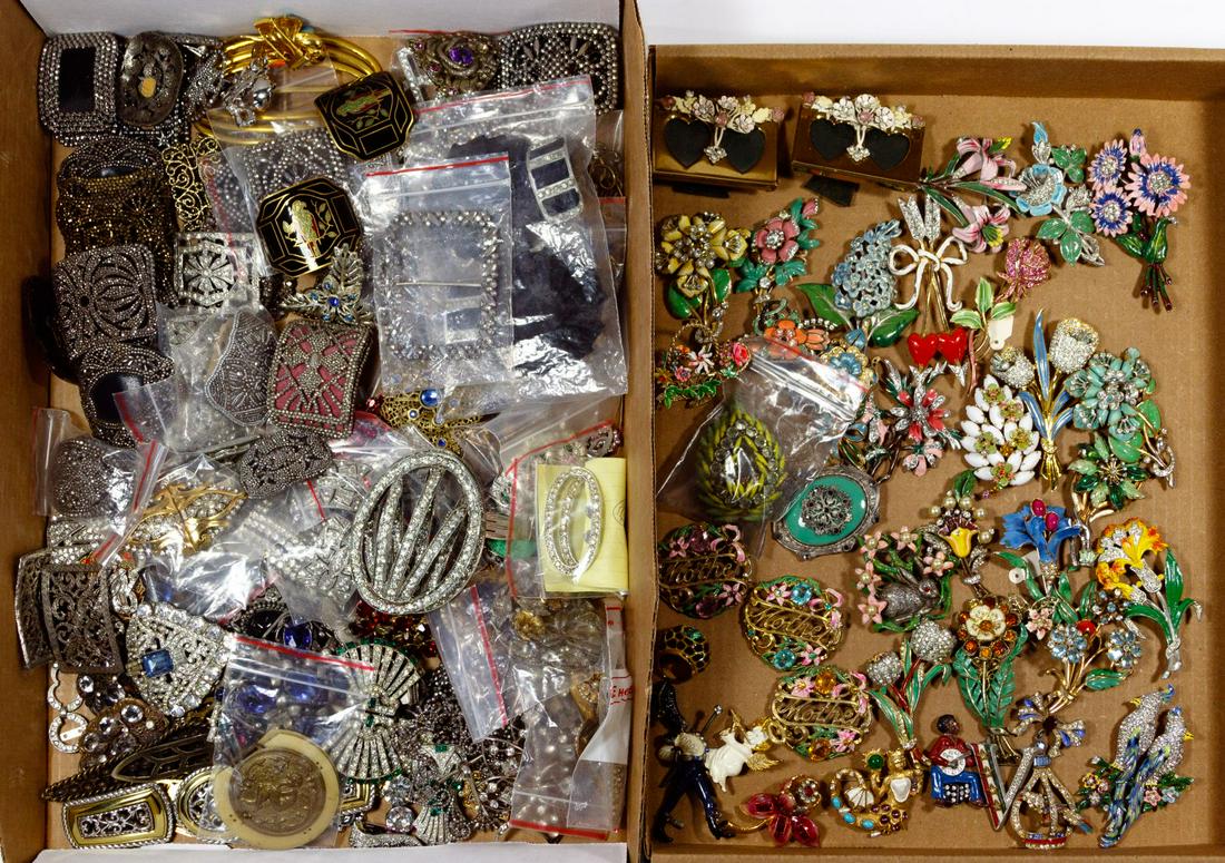 Rhinestone Jewelry Assortment: Rhinestone Jewelry Assortment Costume jewelry and accessories including enameled trembler brooches; marcasite shoe buckles; belt buckles; fur and dress clips; picture frames Property from: a Lake Fore