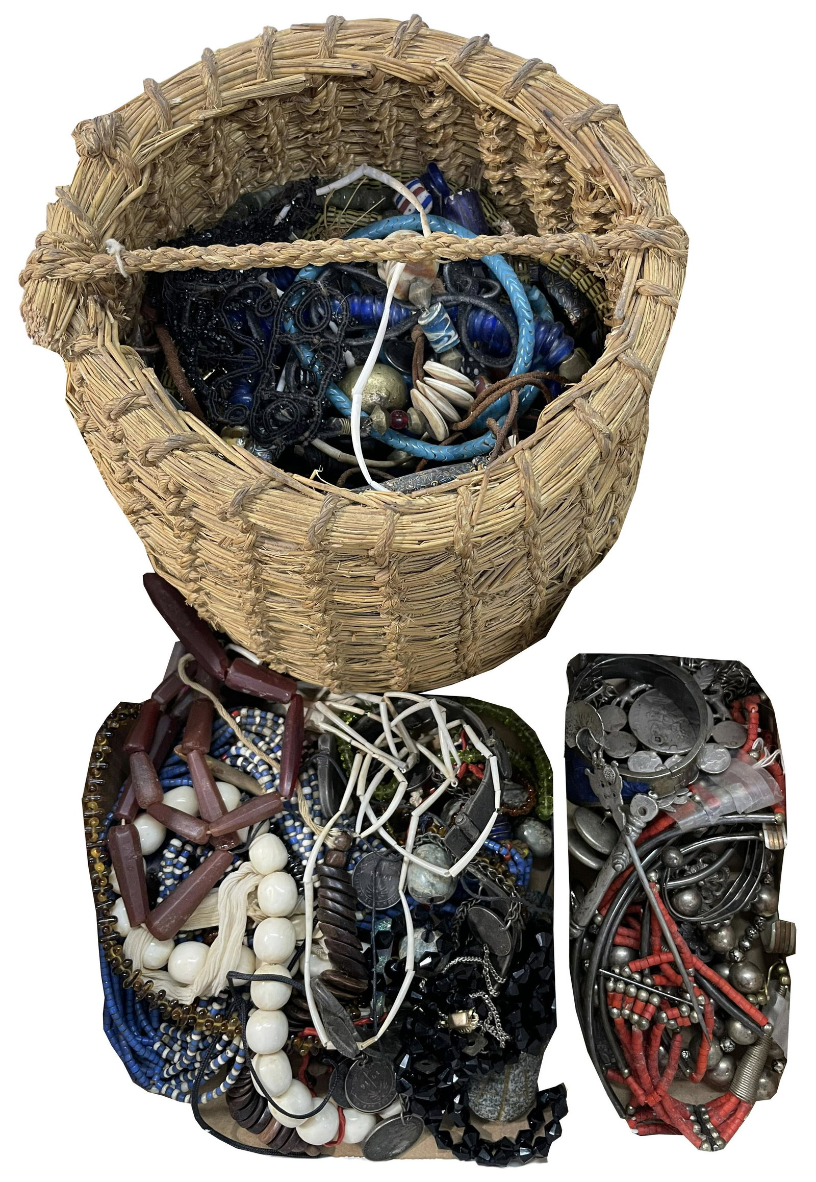 Sterling Silver, European Silver and Beaded Costume: Sterling Silver, European Silver and Beaded Costume Jewelry Assortment (9) silver items including bracelets, necklaces, earrings, pendants and a hat pin, some marked 'sterling' or '925'; and approxima