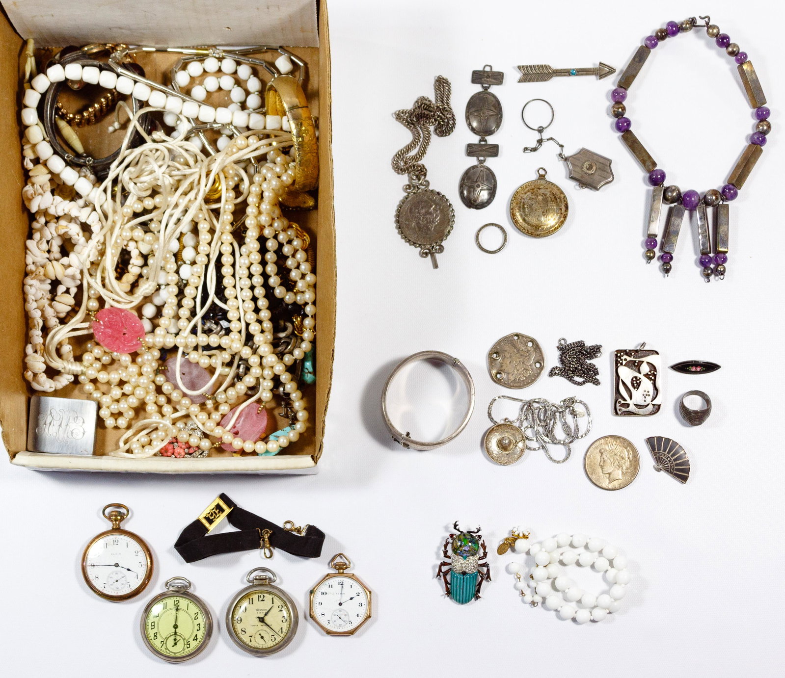 Sterling Silver, Costume Jewelry and Pocket Watch: Sterling Silver, Costume Jewelry and Pocket Watch Assortment (16) sterling silver items including necklaces, pendants, rings, pins, locket and bracelet; most marked 'sterling' or '925'; (4) pocket wat