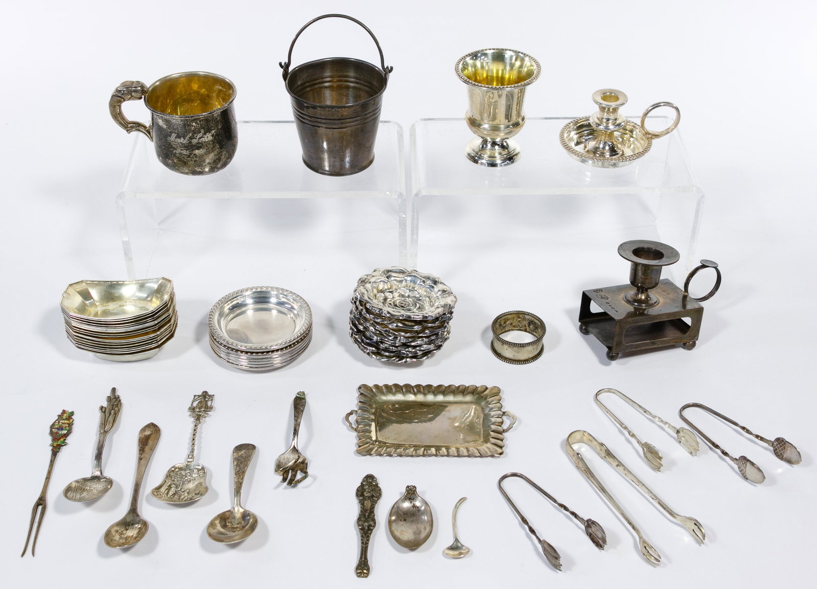 Sterling Silver Object Assortment: Sterling Silver Object Assortment (50) items including a bucket by Giovanni, 4th Battn. Oxfordshire L.T. Infy candle holder, (18) nut dishes by Gorham pattern #A1065, (8) nut dishes by Gorham pattern 