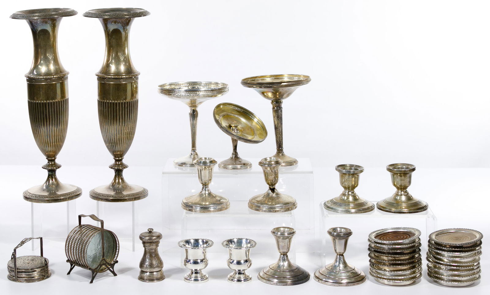 La Pierre Sterling Silver Weighted Vases: La Pierre Sterling Silver Weighted Vases Pattern #2109 having stamped maker marks to the undersides; together with an assortment of weighted sterling silver compotes, candle holders, coasters and toot