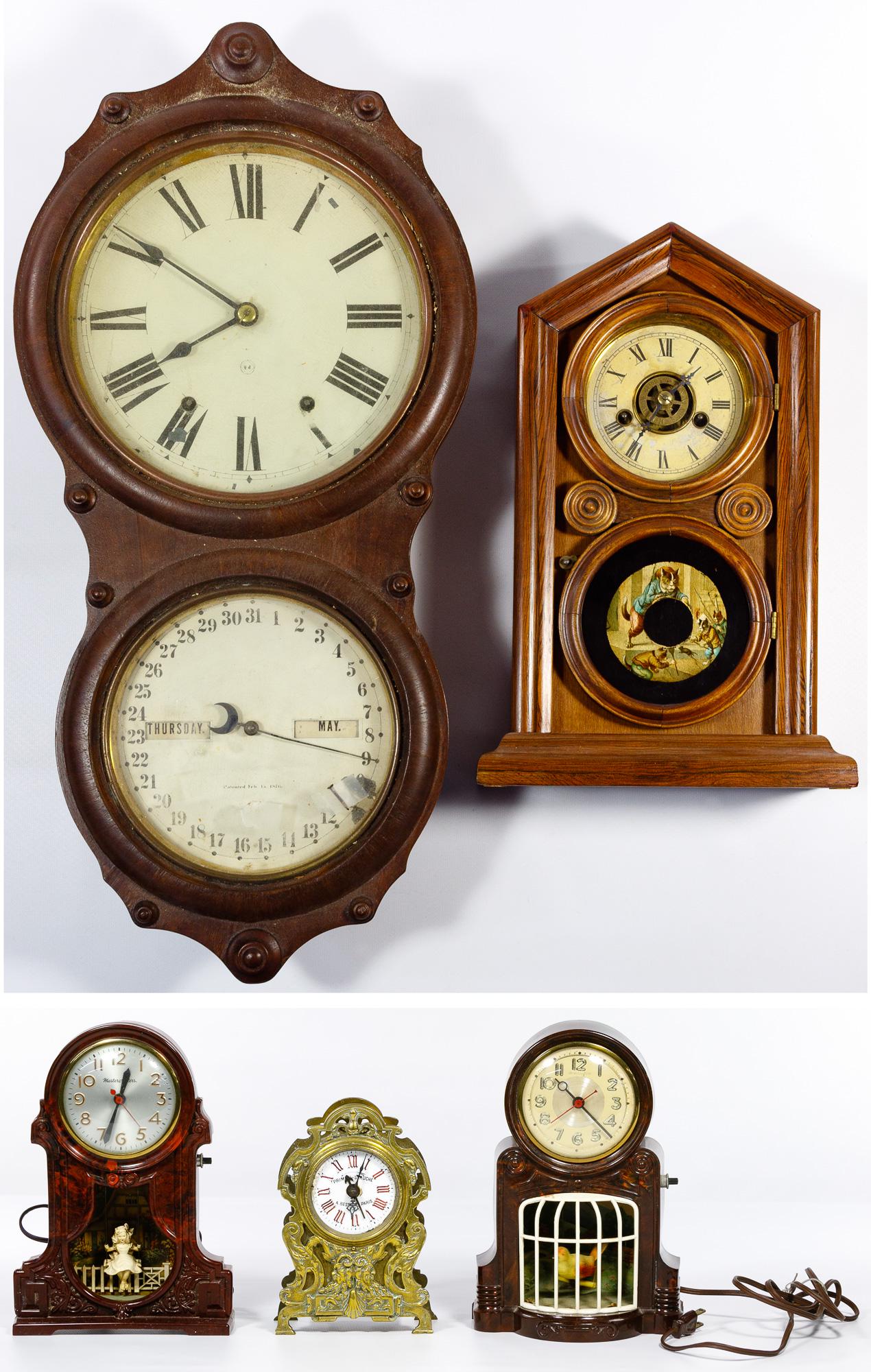 Clock Assortment: Clock Assortment (5) items including a figure-eight calendar clock having a walnut case, upper dial with Roman numerals and 'Seth Thomas' logo and lower dial marked 'Day Calendar' with apertures for d