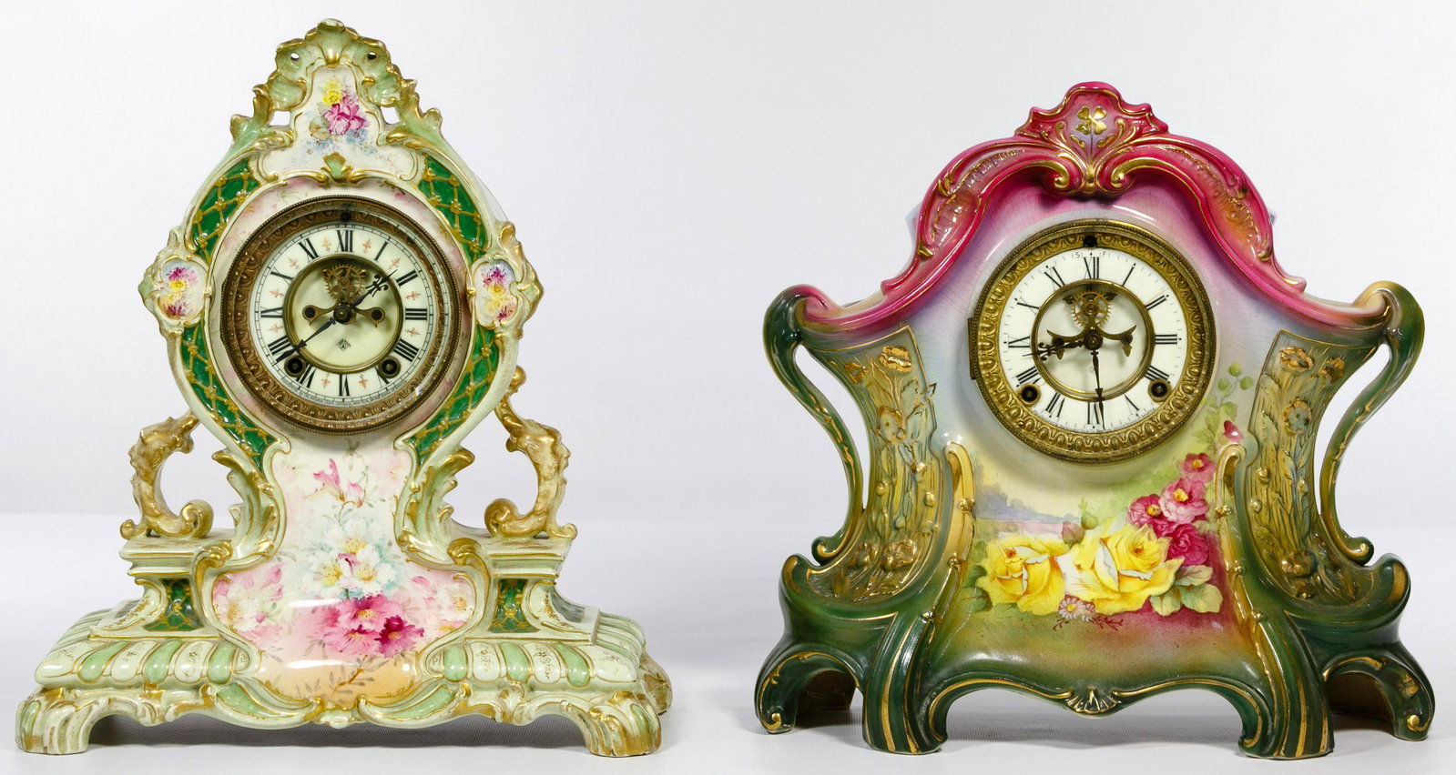 Royal Bonn Porcelain Cased Ansonia Mantel Clocks: Royal Bonn Porcelain Cased Ansonia Mantel Clocks (2) c.1900 examples marked 'Royal Bonn Germany' on back of floral-decorated Rococo style porcelain cases housing brass eight-day movements by the Anson