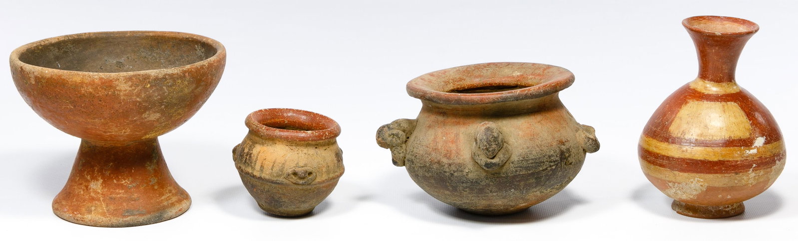 Pre-Columbian Narino Style Pottery Assortment: Pre-Columbian Narino Style Pottery Assortment (4) examples of Central American Narino pottery including a pedestal bowl, a small jar having wax-resist painted decoration with (3) applied owl faces, a 