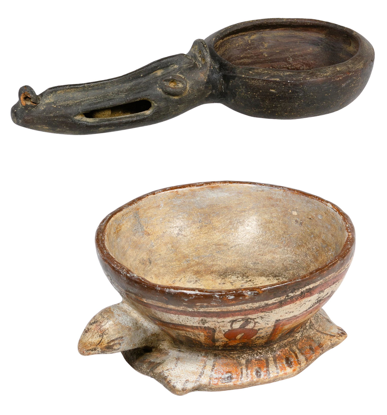 Pre-Columbian Style Effigy Bowl Assortment: Pre-Columbian Style Effigy Bowl Assortment (2) ceramic items including a Mayan polychrome turtle having dark brown, red and orange painted decoration; and a Costa Rican bowl having an alligator head r