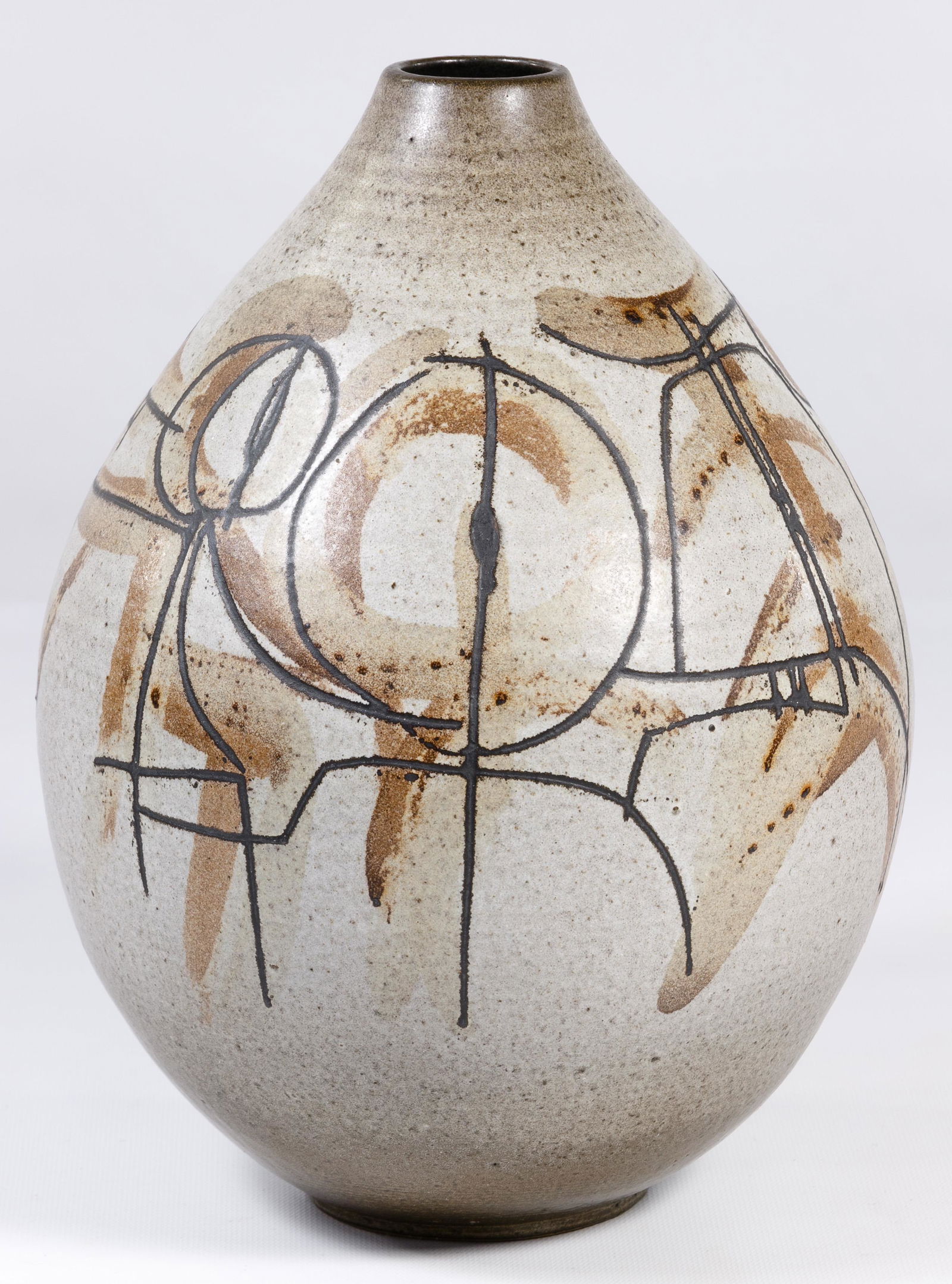 Clyde Burt (American, 1922-1981) Pottery Vase: Clyde Burt (American, 1922-1981) Pottery Vase Undated, signed on underside, tan and black having a geometric pattern, stoneware Condition: Very Good, light wear; no chips or cracks noted Height: 14 in
