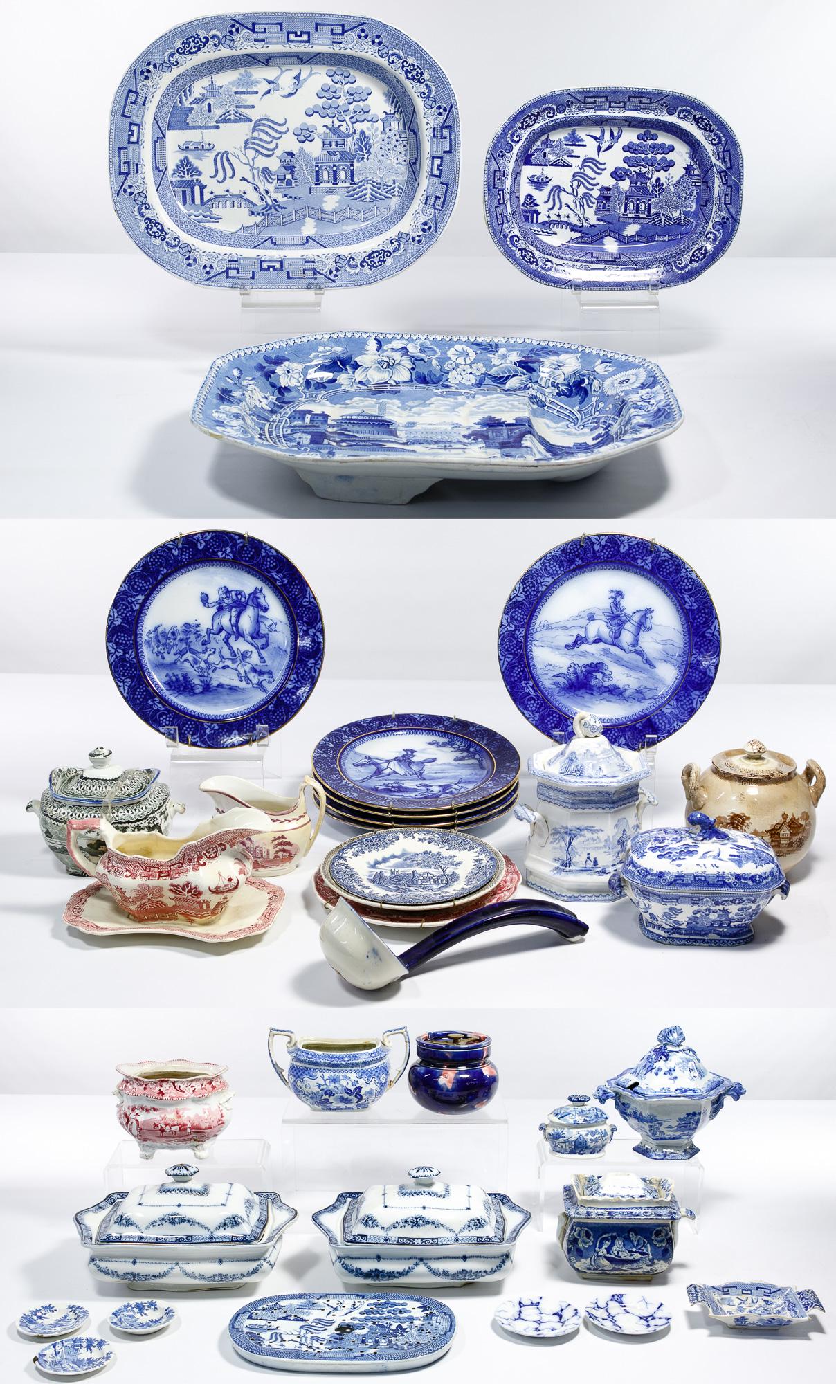 Porcelain Transferware Assortment: Porcelain Transferware Assortment (35) items including a 19th century Staffordshire 'Ponte Rotto' platter having a gravy well; (6) Royal Doulton flow blue plates having hunt scenes after George Morlan