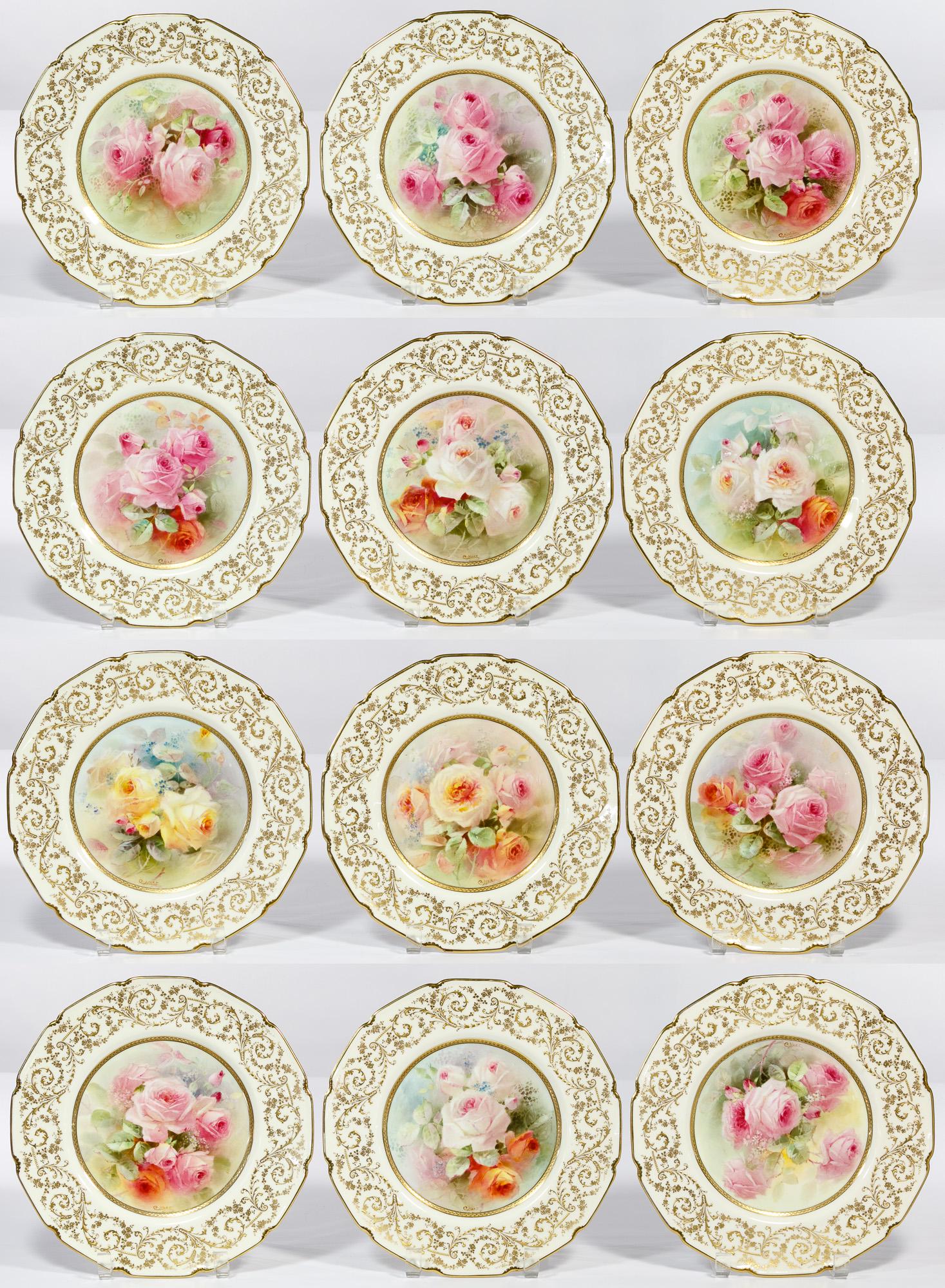 Royal Doulton Hand-Painted Cabinet Plates: Royal Doulton Hand-Painted Cabinet Plates (12) plates signed 'C. Hart' at center right and having slightly different rose bouquets painted in the center, framed by a gold rim and raised gold botanical
