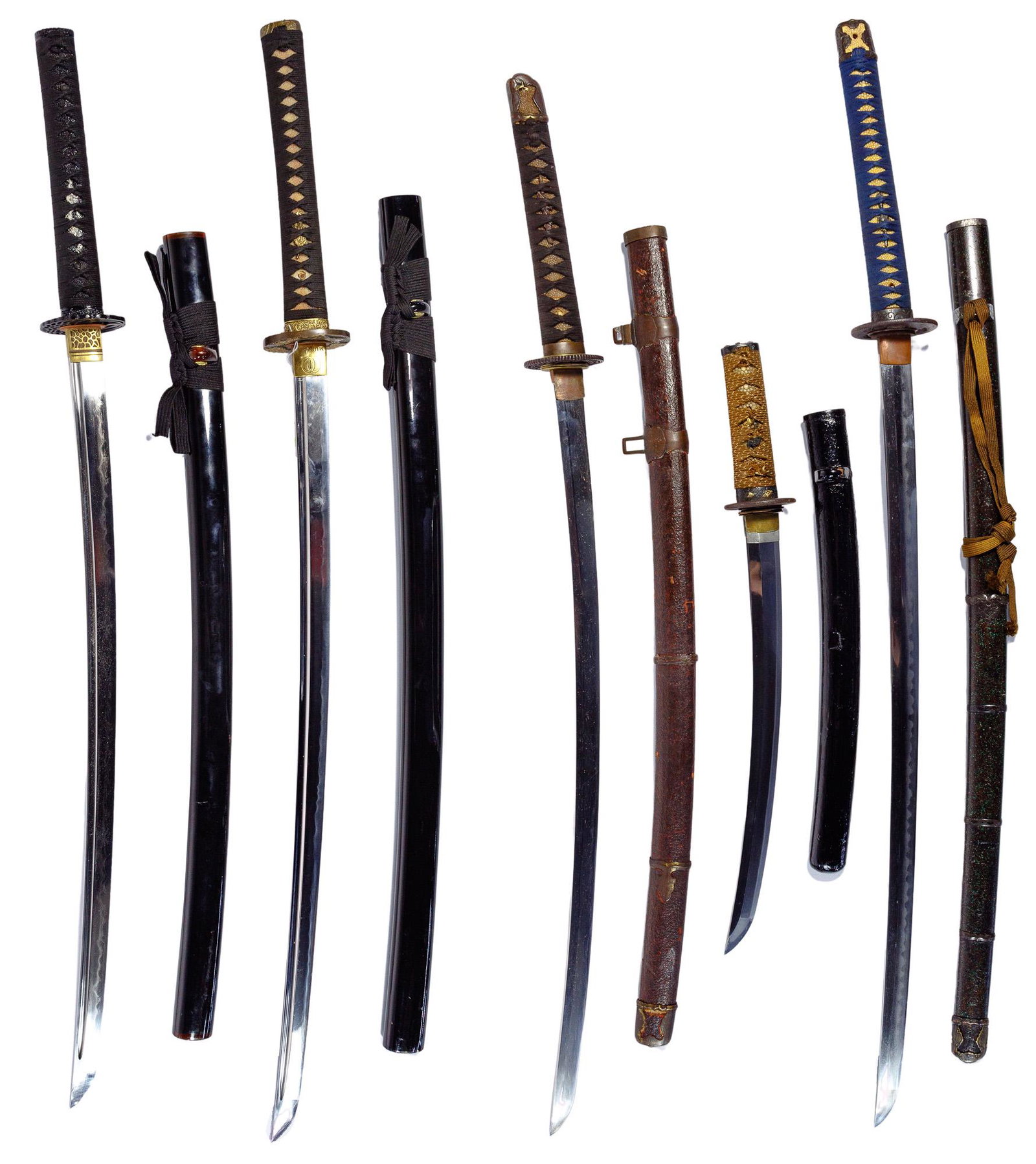 Katana Sword Assortment: Katana Sword Assortment (5) items including (2) swords both signed on tang with one reading 'P.S. Sam Sang Chris Zhou', marked 'Musashi' on collar and having a black lacquer scabbard, the other illegi