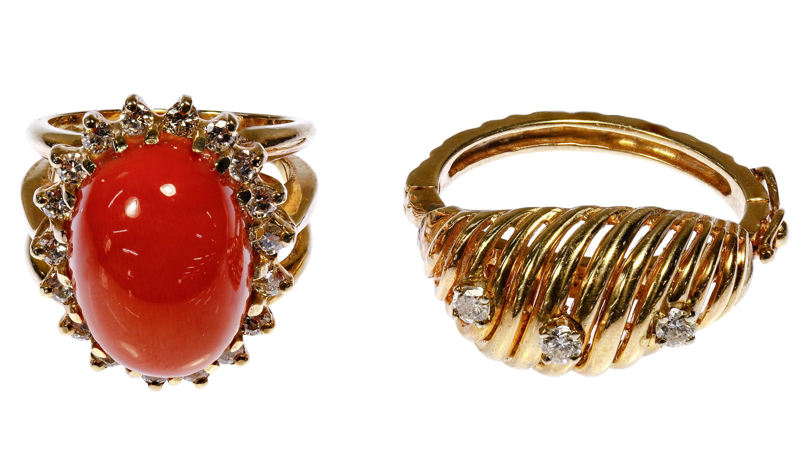 14k Yellow Gold, Carnelian and Diamond Rings: 14k Yellow Gold, Carnelian and Diamond Rings (2) rings including an oval cut cabochon carnelian surrounded by (18) round diamonds approximately 0.36 carats total; and a hinged ring having (3) round di