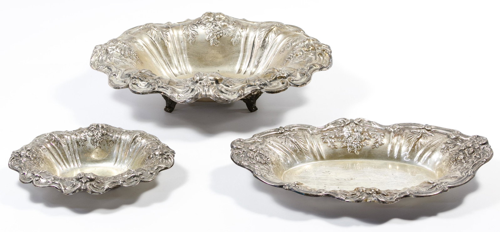 Reed & Barton 'Francis I' Sterling Silver Bowls: Reed & Barton 'Francis I' Sterling Silver Bowls (3) items including a footed bowl, a low bowl and a rimmed tray, all having a grape and vine motif; maker mark and 'sterling' on underside Property from