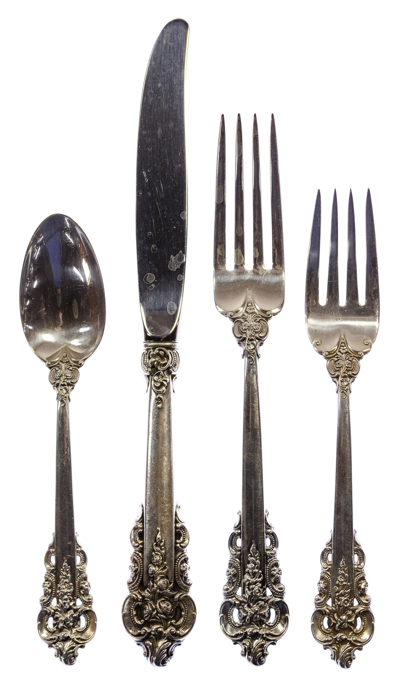 Wallace 'Grand Baroque' Sterling Silver Flatware: Wallace 'Grand Baroque' Sterling Silver Flatware (45) items including (10) knives having stainless steel blades, (10) dinner forks, (10) salad forks, (9) teaspoons, (3) demitasse spoons, a hollow-hand
