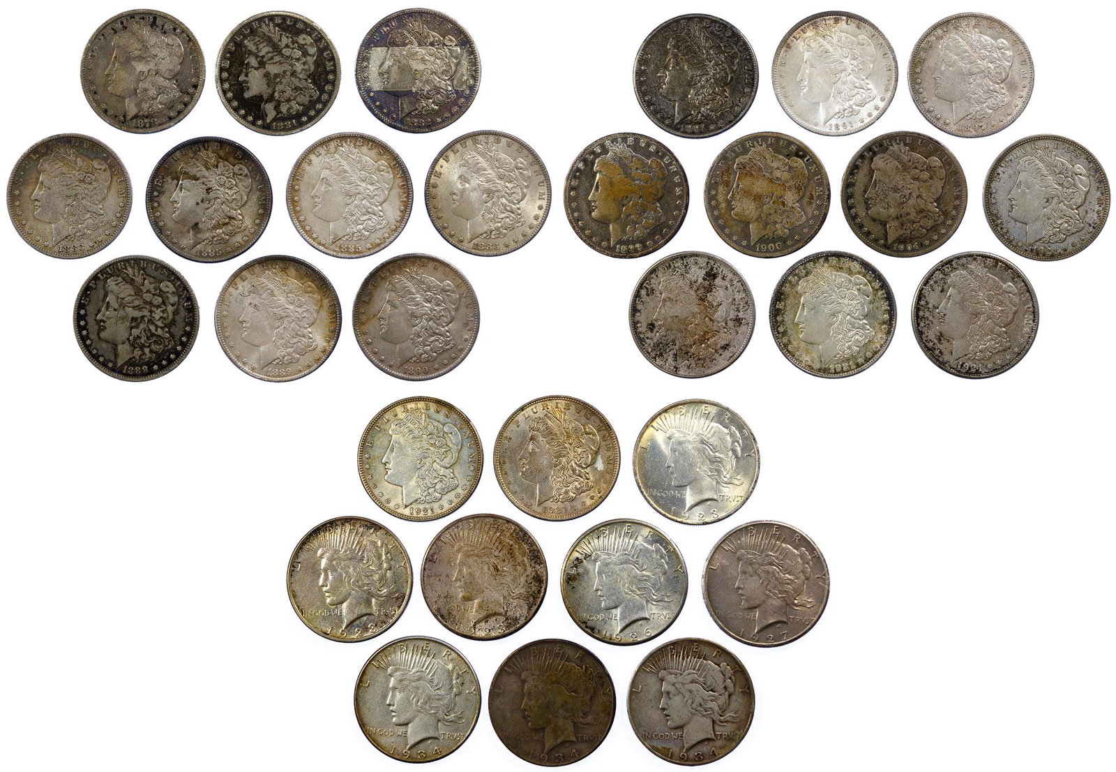 Morgan and Peace $1 Assortment: Morgan and Peace $1 Assortment (30) items including 1878-S, 1881, 1882-S, (2) 1883, (2) 1885, 1888-O, 1889, 1890-S, 1891, 1891-S, 1897-S, 1899-O, 1900-O, 1904, (2) 1901, (2) 1901-S, (2) 1901-D, 1923, 