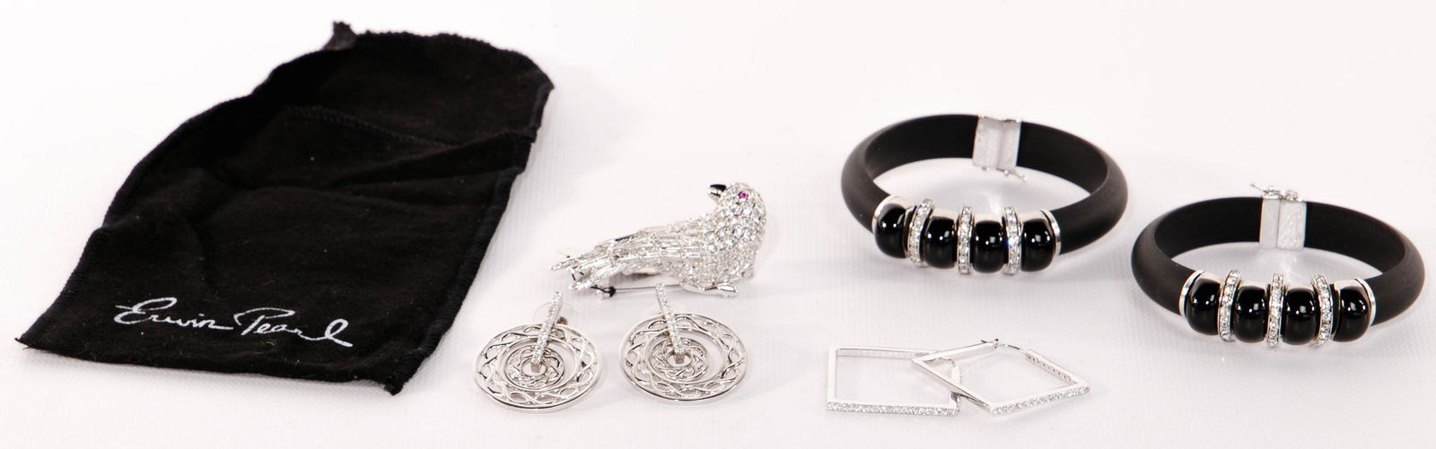 Erwin Pearl Sterling Silver Jewelry Assortment: Erwin Pearl Sterling Silver Jewelry Assortment Including (2) cuff bracelets having black stones set in sterling and separated by rows of round crystals over a black rubber base and both having a safet