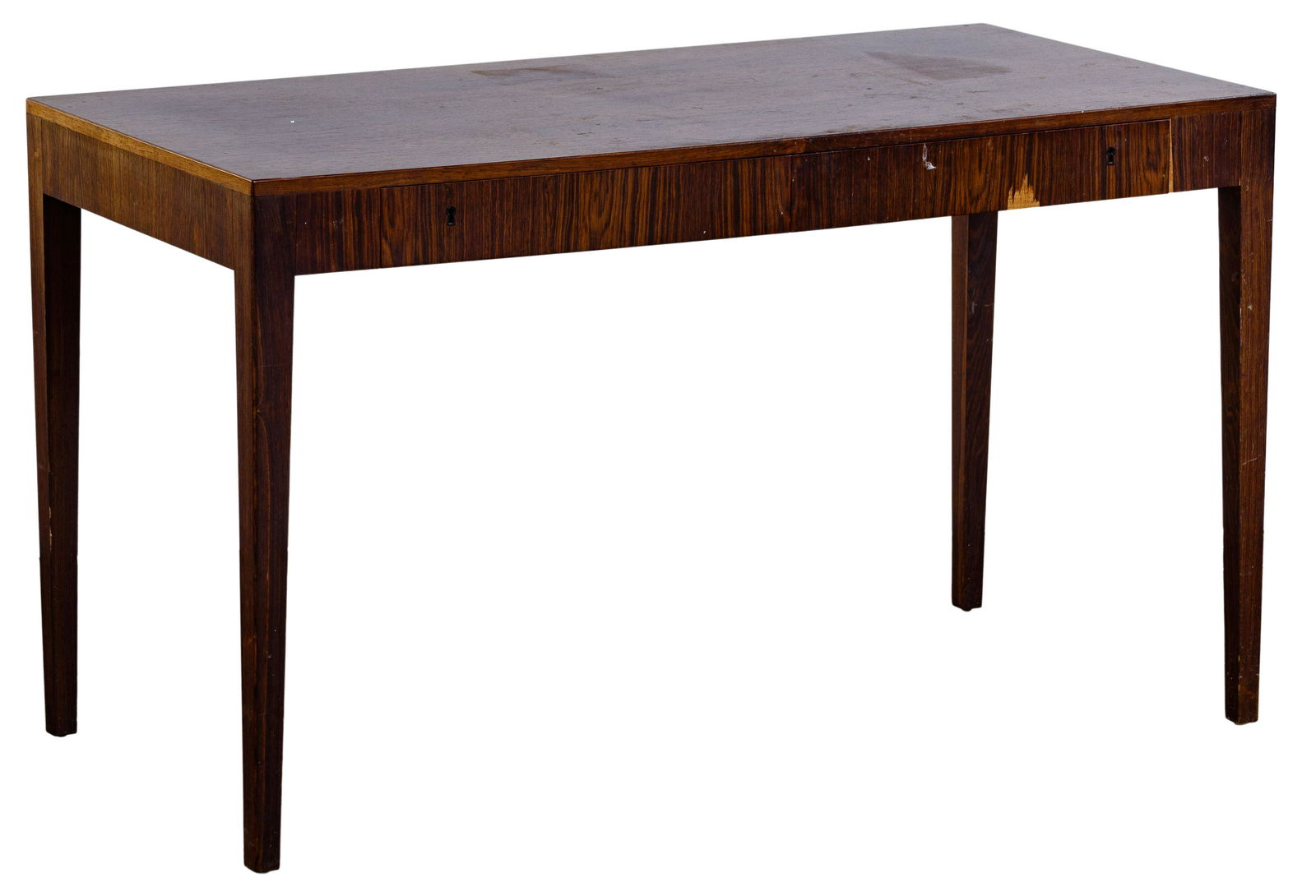 Riis Antonsen Danish Modern Rosewood Desk: Riis Antonsen Danish Modern Rosewood Desk Having two keyed front apron drawers; maker mark burn-stamped on underside; including key Property from: a Gold Coast, Chicago, Illinois estate Height: 28 inc
