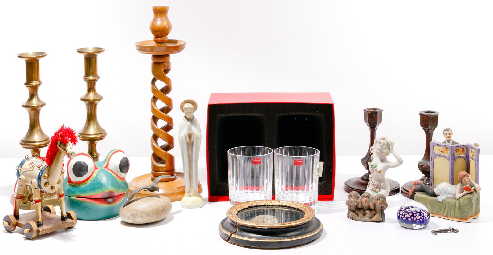 Decorative Object Assortment: Decorative Object Assortment (16) items including a pair of Baccarat 'Harmonie' tumblers, marked on undersides and having original stickers and box; a turn of the century stick barometer having a pape