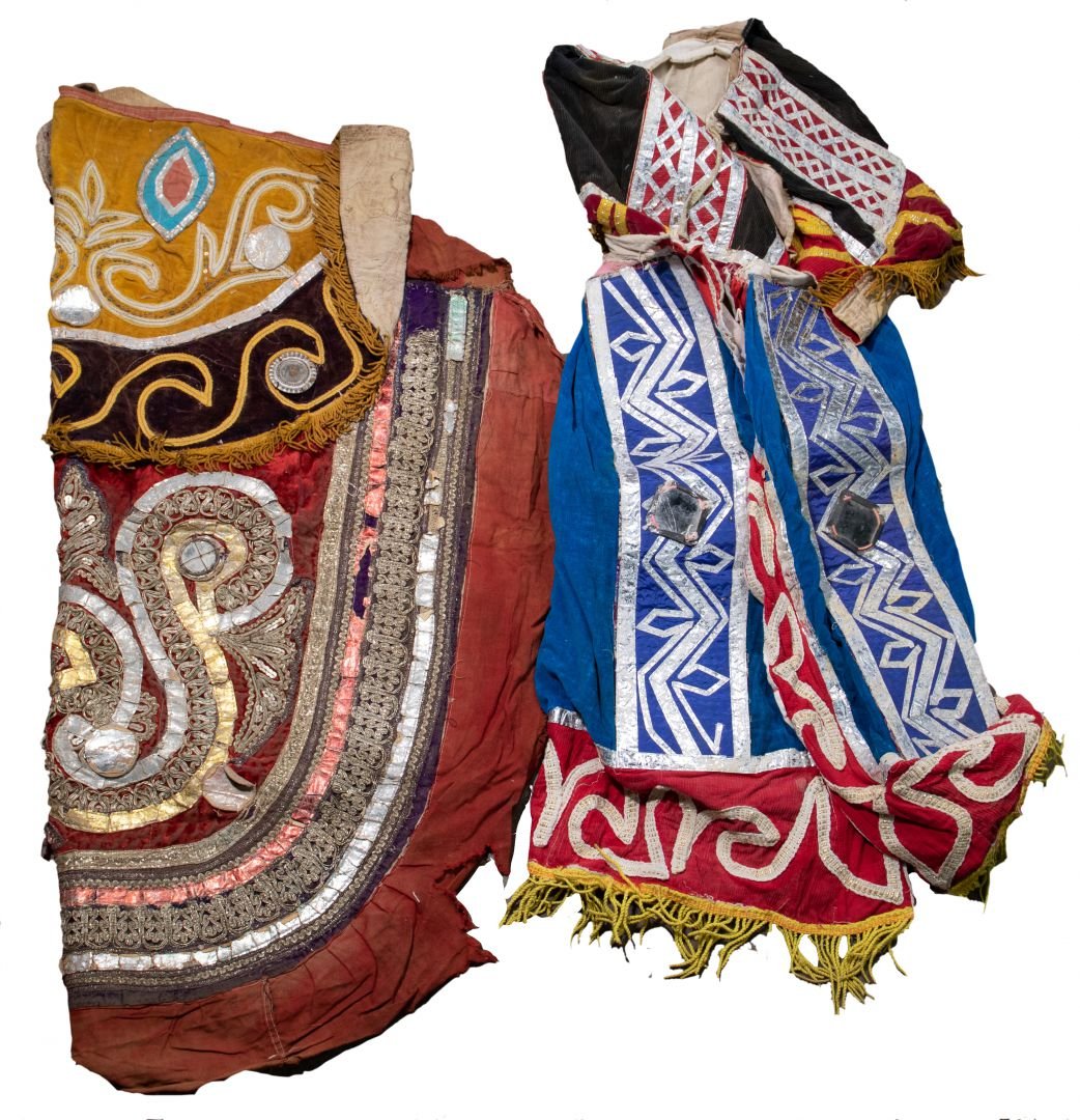 Guatemalan Folk Dance Costumes: Guatemalan Folk Dance Costumes (2) items including a cape having red, blue and brown velvet and corduroy embellished with metallic trims and yellow fringe; and an apron having brown, red and mustard v