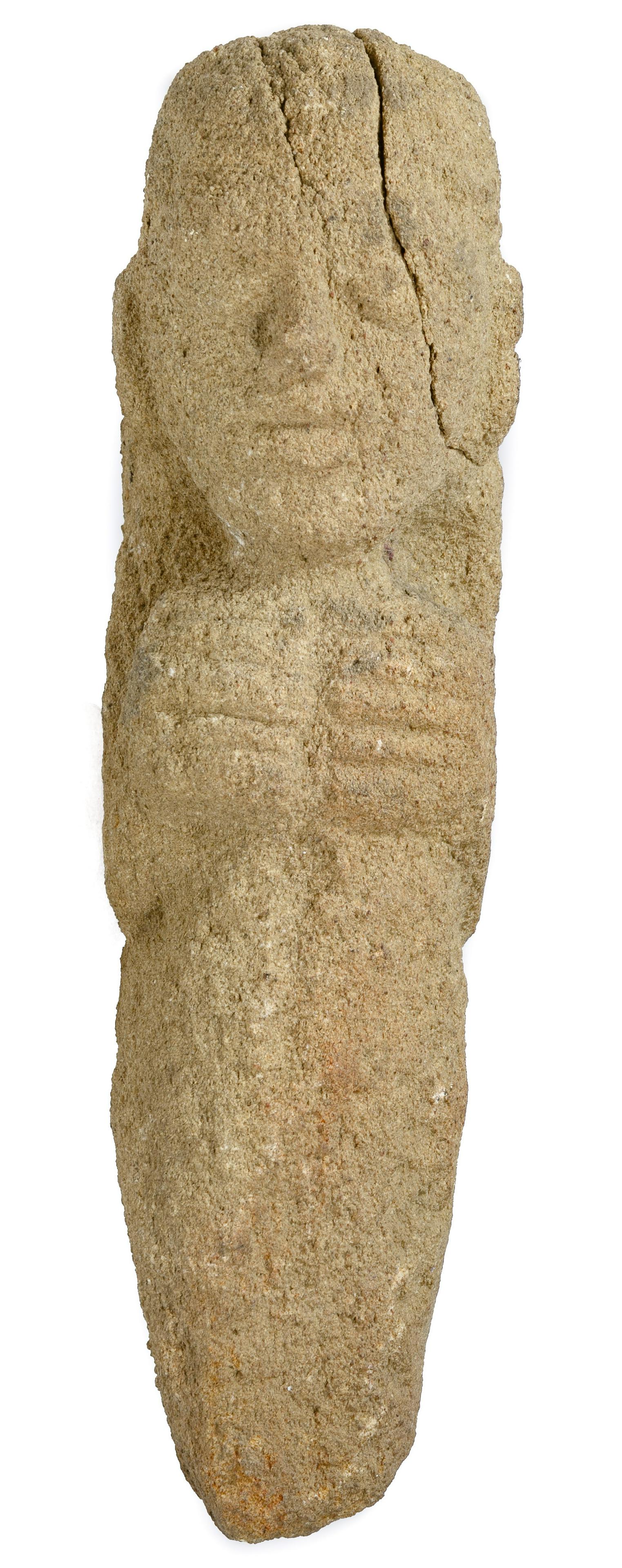 Pre-Columbian Huastec Style Stone Sculpture: Pre-Columbian Huastec Style Stone Sculpture Depicting a squatting hunchback clutching his knees, carved upon an irregular base or tenon Height: 14 inches, Length: 6 inches, Width: 3 3/4 inches Conditi