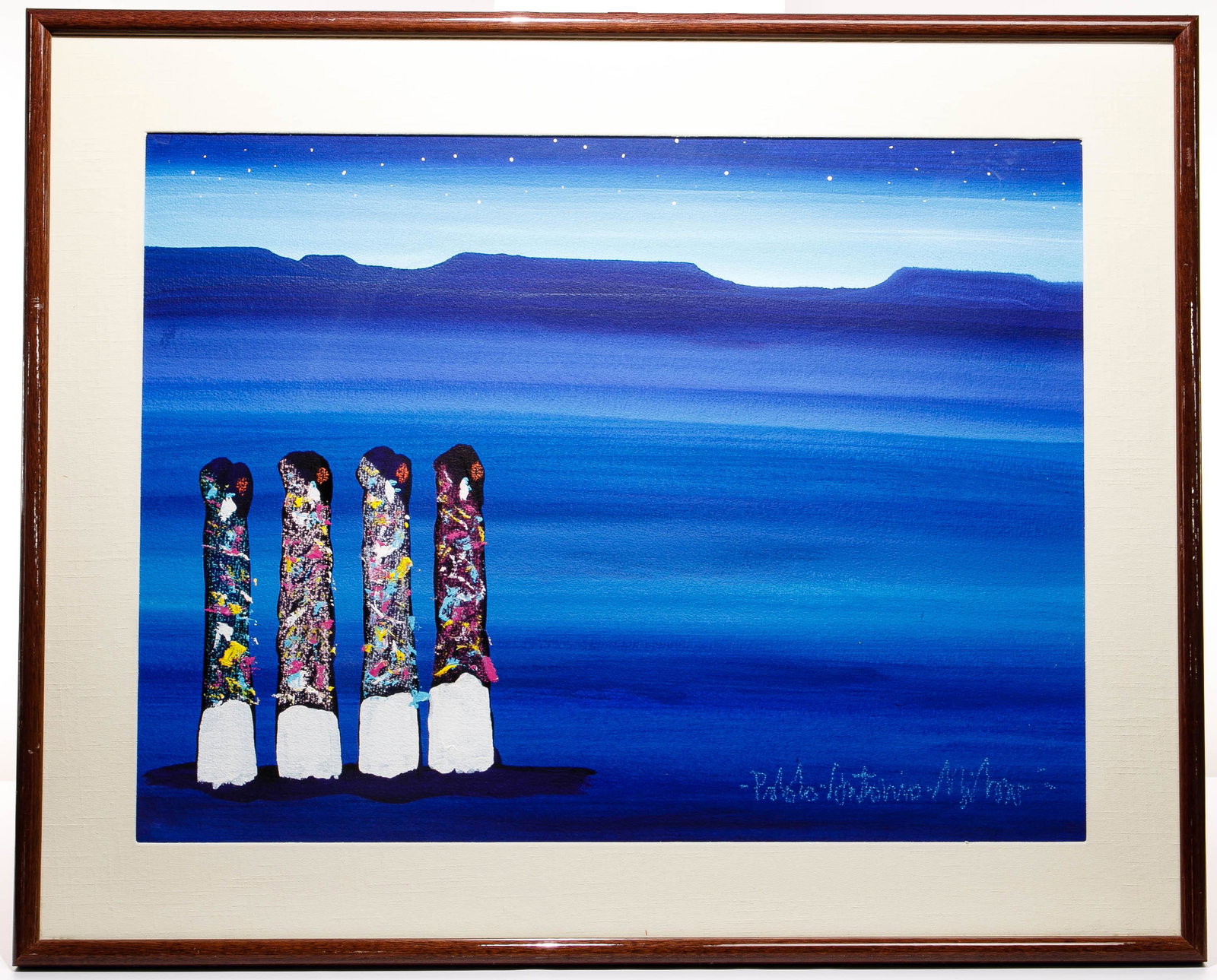 Pablo Antonio Milan (American, 1961-2017) Acrylic on: Pablo Antonio Milan (American, 1961-2017) Acrylic on Paper Undated, signed lower right, depicting four figures in a Southwestern night landscape, matted and framed under glass Height: 21 1/2 inches, W