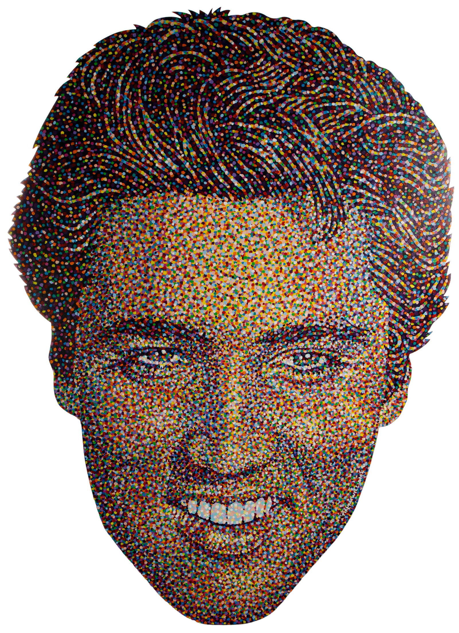 Tim McWilliams (American, 20th Century) Oil on Shaped: Tim McWilliams (American, 20th Century) Oil on Shaped Panel 1991, signed and dated lower right, depicting Elvis Presley in Pointillist style, on a wood panel cut to the shape of the head Height: 67 in
