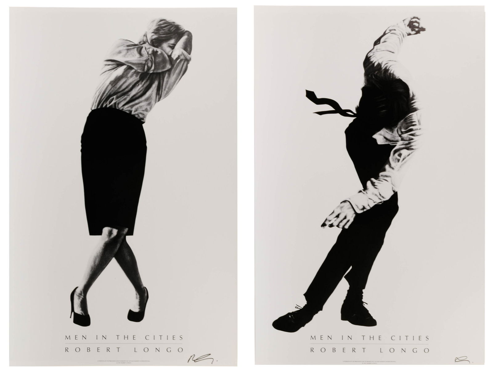 Robert Longo (American, b.1953) 'Men in the Cities': Robert Longo (American, b.1953) 'Men in the Cities' Offset Lithographs 1991, signature lower right, (2) promotional posters, printed on heavy paper stock; text in bottom margin 'a portion of the proce