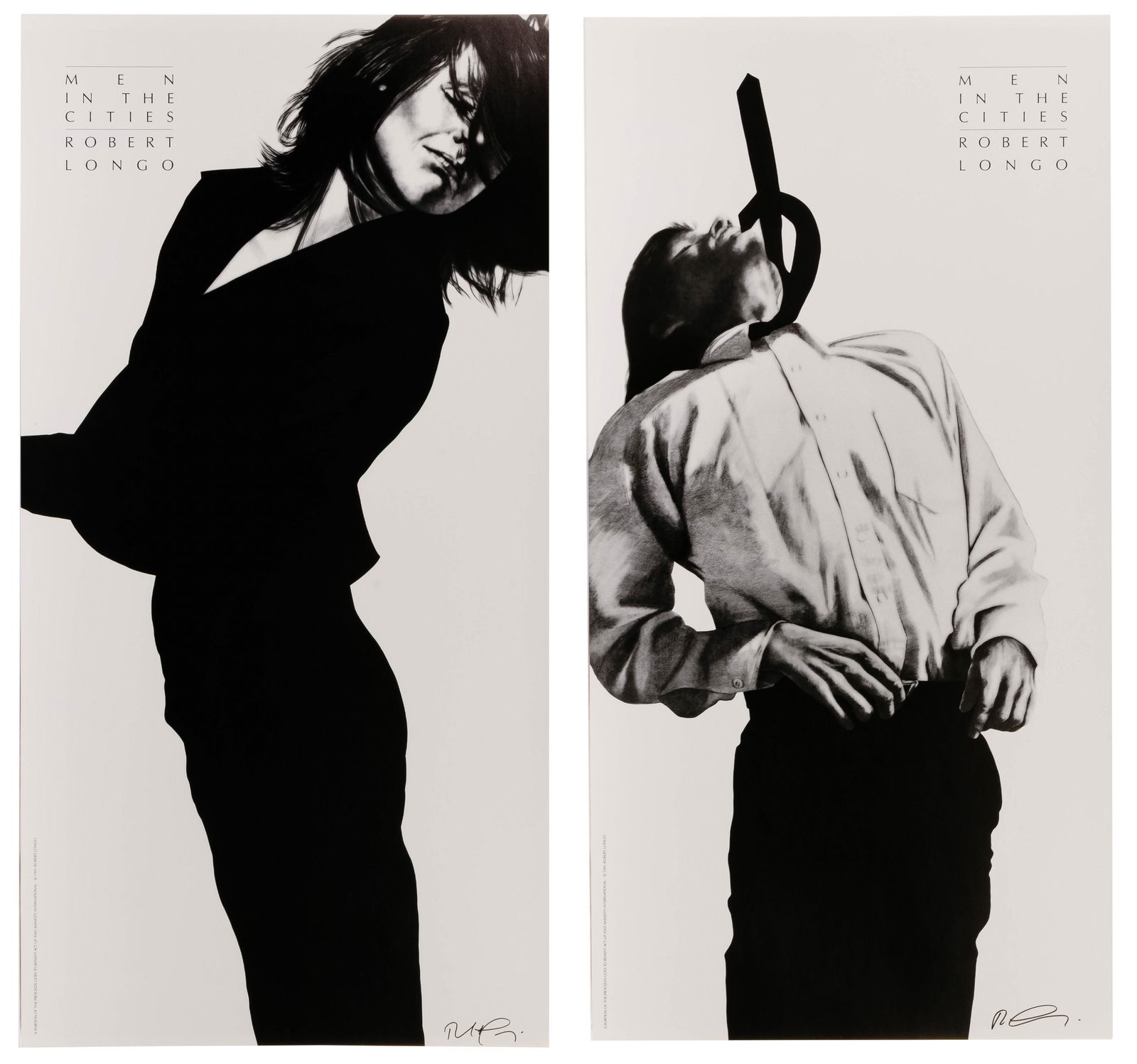 Robert Longo (American, b.1953) 'Men in the Cities': Robert Longo (American, b.1953) 'Men in the Cities' Offset Lithographs 1991, signature lower right, (2) exhibition posters items printed on heavy paper stock; text in right margin 'a portion of the pr
