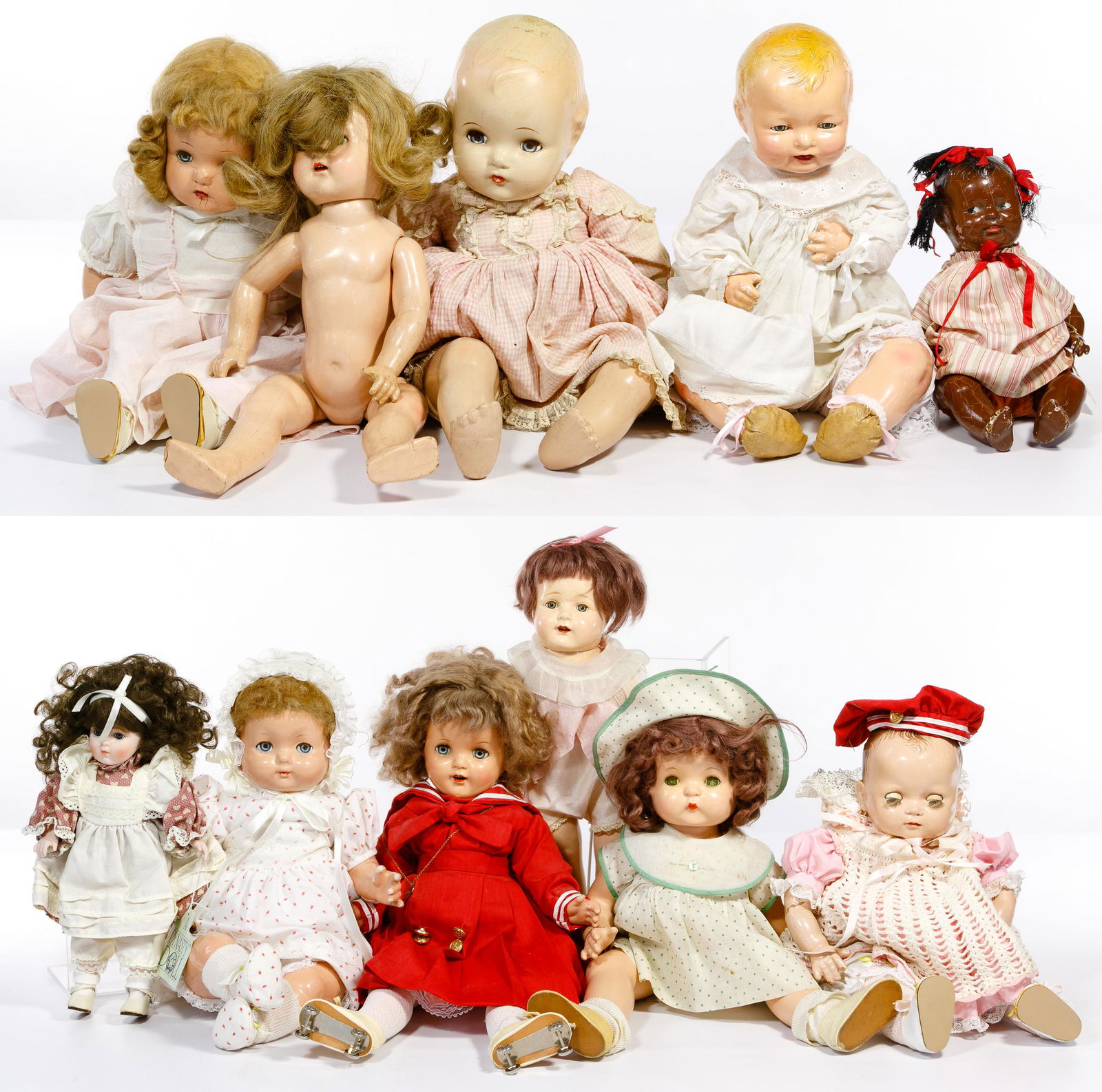 Doll Assortment: Doll Assortment (11) items including examples of Effanbee, Madame Alexander, Ideal; most having fully movable joints and closing eyes, real lashes, some having composite bodies, some having cloth, mos