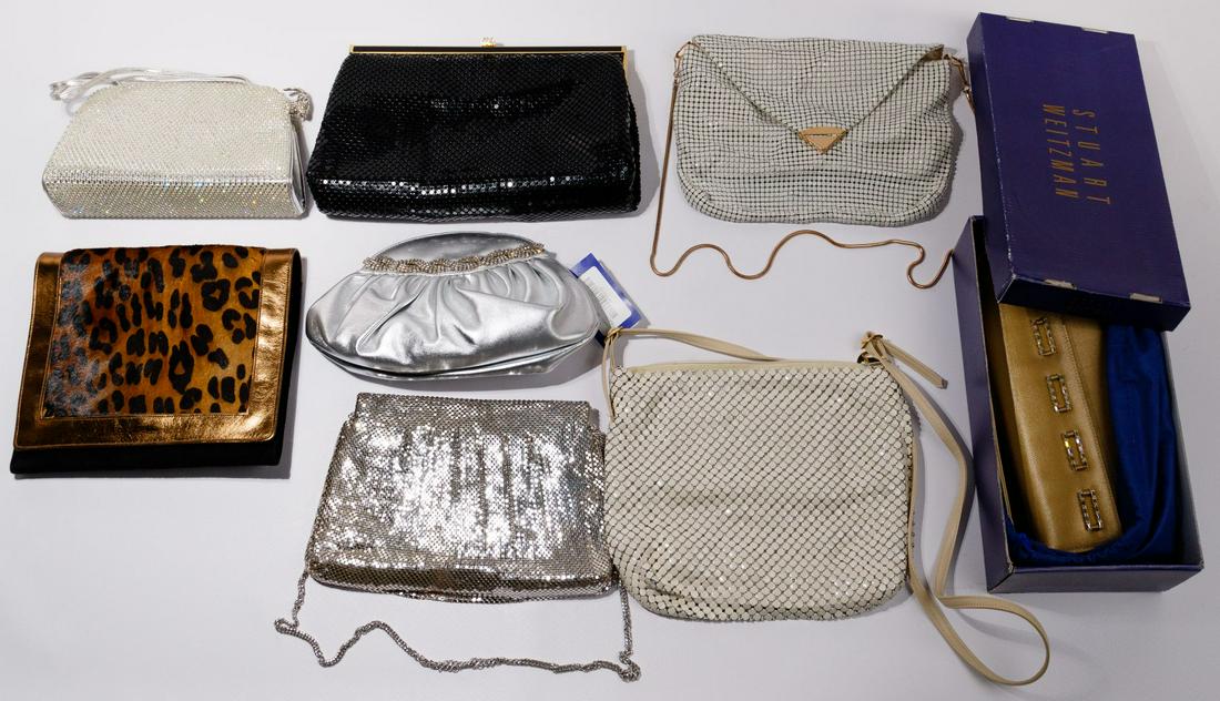 Designer Evening Clutch / Purse Assortment: Designer Evening Clutch / Purse Assortment (8) items including (2) Stuart Weitzman gold and silver clutches having rhinestone trim, one in original bag and box; (3) Whiting and Davis mesh bags, one bl