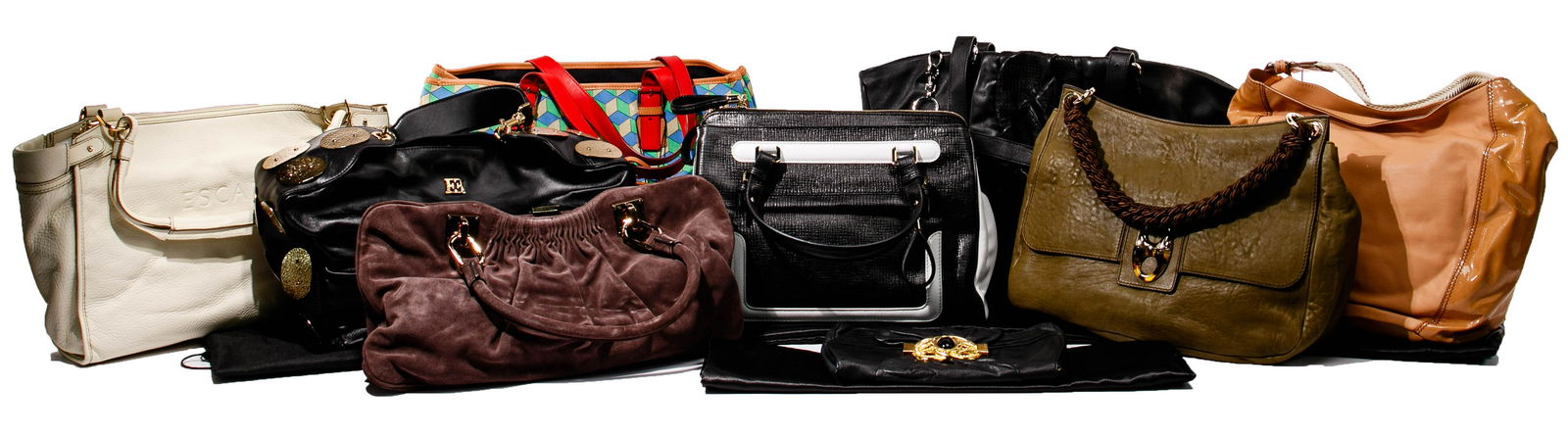 Escada Bag Assortment: Escada Bag Assortment (9) bags including black leather having beige leather lining and brass mounted cabochon closure; tan leather sport bag having a braided leather strap; brown suede having two hand