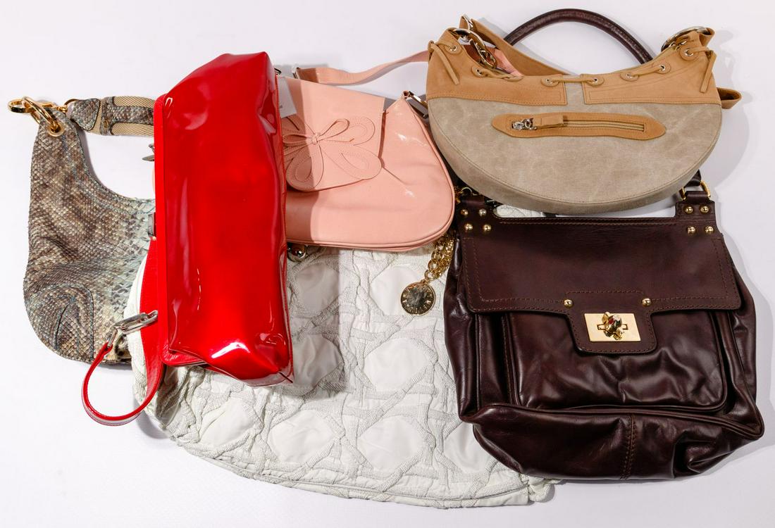 Stuart Weitzman Purse Assortment: Stuart Weitzman Purse Assortment (26) items including a bronze denim; dark brown leather; red and white checked having camel leather trim; black leather satchel having heavy silver chain trim and a de