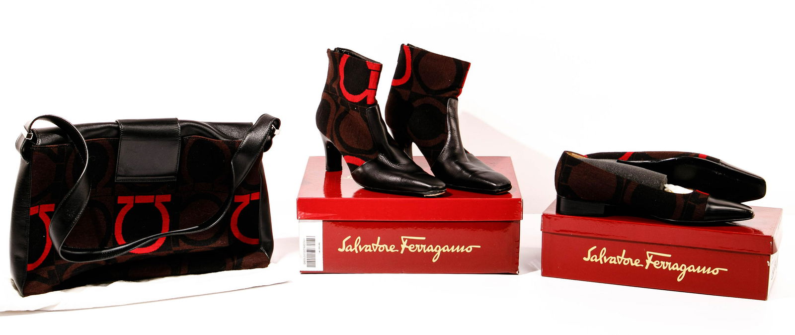Ferragamo Assortment: Ferragamo Assortment Including a handbag having fabric facing and black leather sides, trim and strap with having a cotton draw-string protective tote; 'Serenata' short boots having black leather sole