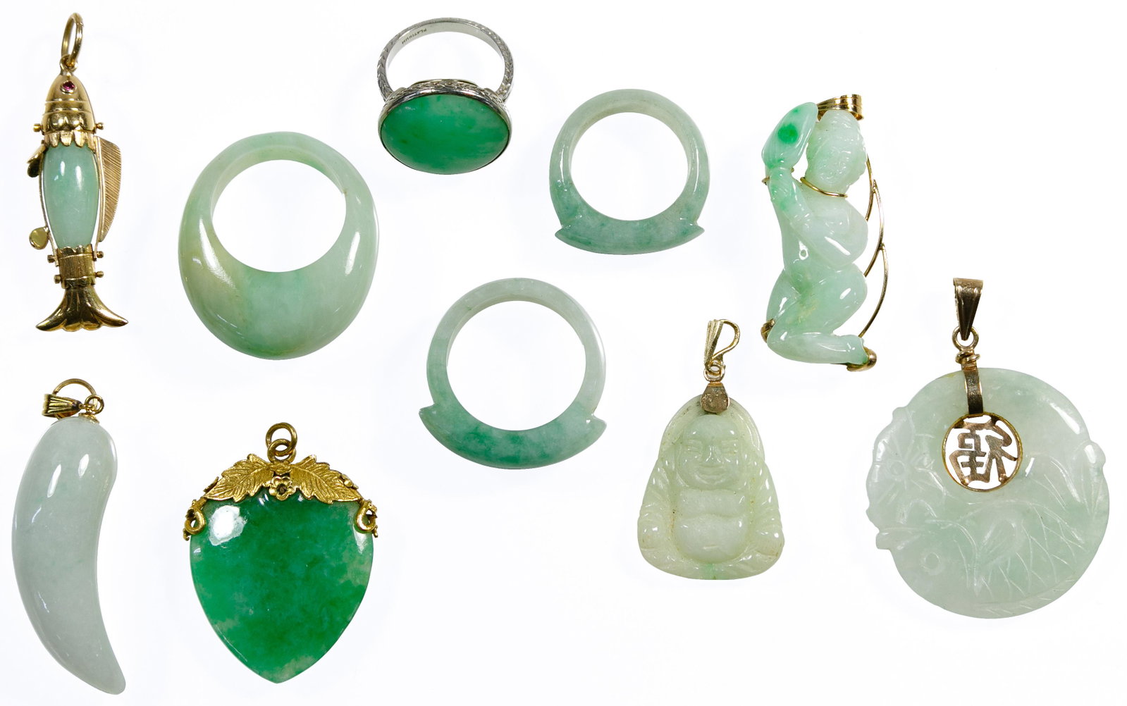 Platinum, Gold and Jadeite Jade Jewelry Assortment: Platinum, Gold and Jadeite Jade Jewelry Assortment (10) items including a ring having round cabochon jadeite jade, size 6, marked 'platinum'; (3) all jadeite rings, size 8.75, 9 and 5.5; (6) pendants 