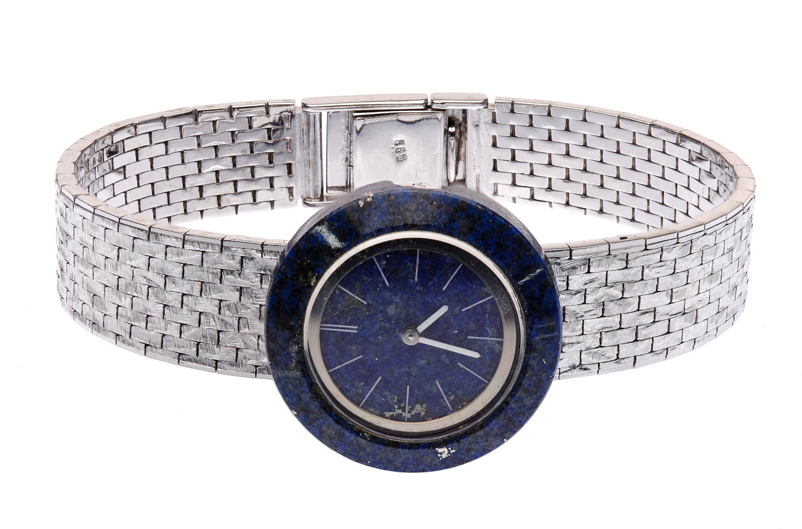 14k White Gold Case and Band Lapis Lazuli Wrist Watch: 14k White Gold Case and Band Lapis Lazuli Wrist Watch Having 17-jewel movement, lapis lazuli bezel and dial; marked '14k' on back of case and '585' on band clasp Length: 6 1/2 inches (adjustable to 6.