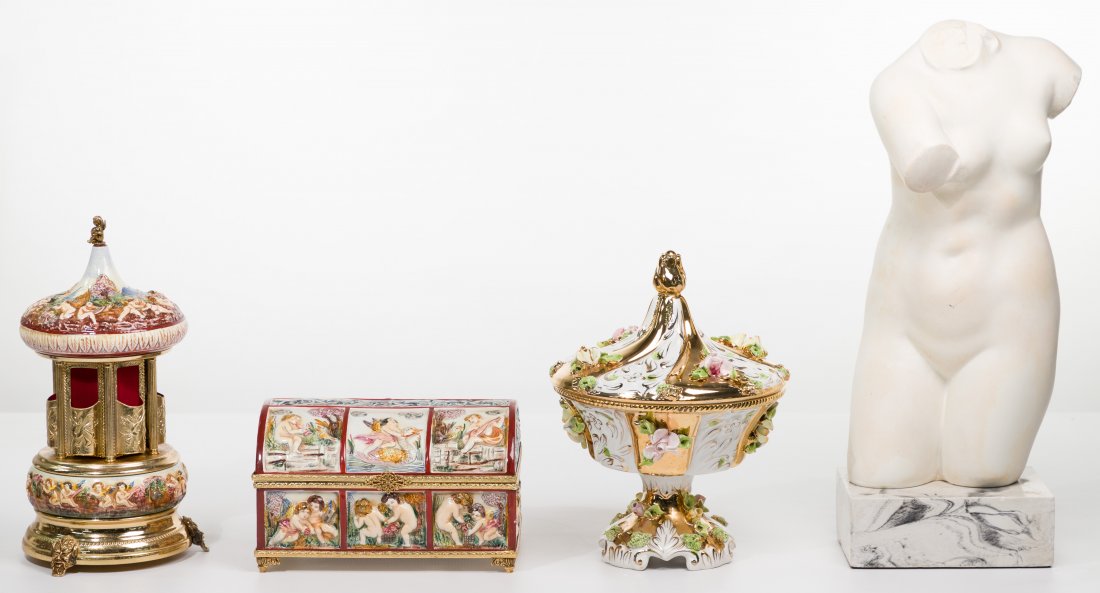 Capodimonte Reuge Music Box and Decorative Object: Capodimonte Reuge Music Box and Decorative Object Assortment (4) items including a footed jewelry box having hand painted putti and animal figures decorating the lid and surround, playing the 'Menuet