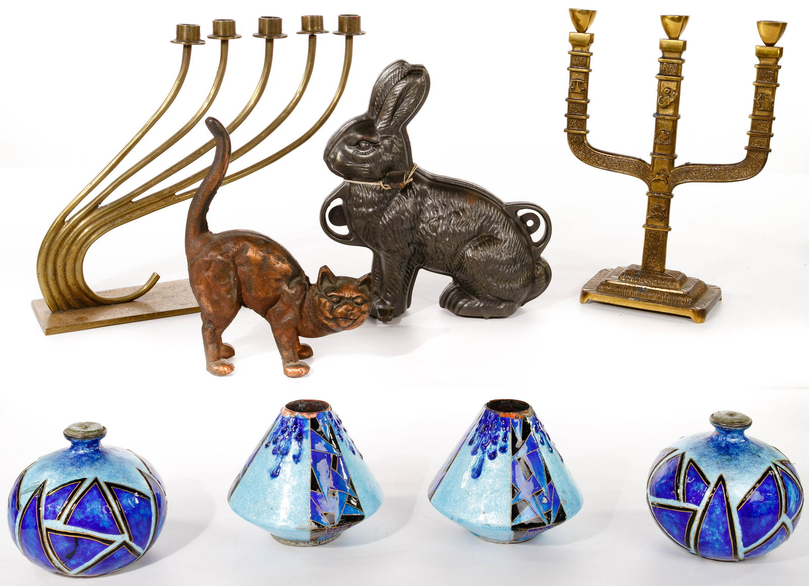 Gamet Enamelware Assortment: Gamet Enamelware Assortment (4) signed French blue items; together with a metal rabbit cake mold (attributed to Griswold); cast iron cat door stopper (attributed to Hubley); brass three-light Zodiac c