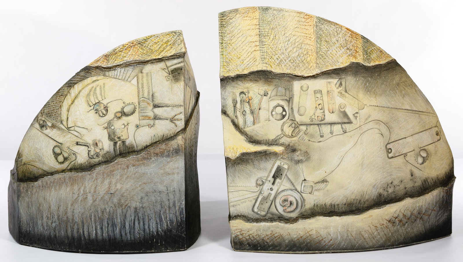 Abstract Ceramic Sculptures: Abstract Ceramic Sculptures (2) roughly triangular hollow ceramic sculptures, late 20th century, unsigned, having tubular organic elements to each base and impressed, incised; chalk and graphite-drawn