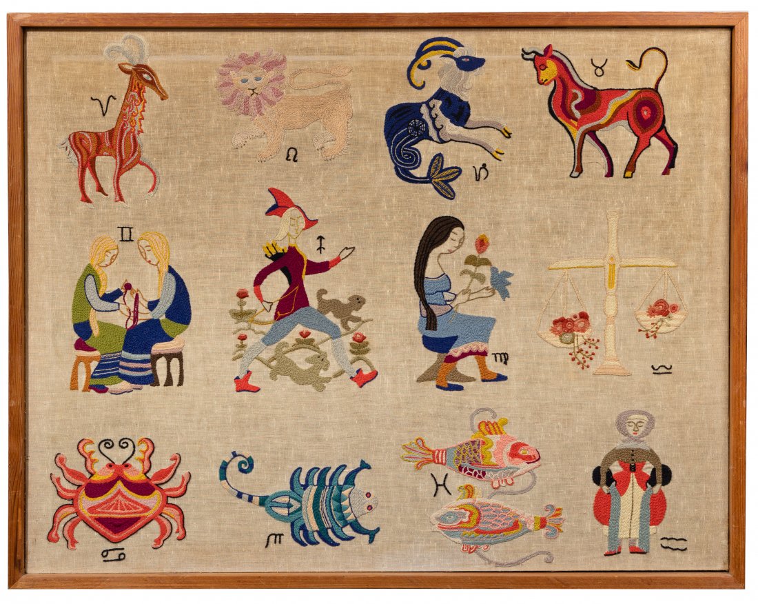 Zodiac Embroidery: Zodiac Embroidery Medieval style depictions of the zodiac signs embroidered on raw linen; distressed cedar frame Height: 34 inches, Width: 44 inches (stretcher) Frame Size: 35 3/4 inches by 45 3/4 inc