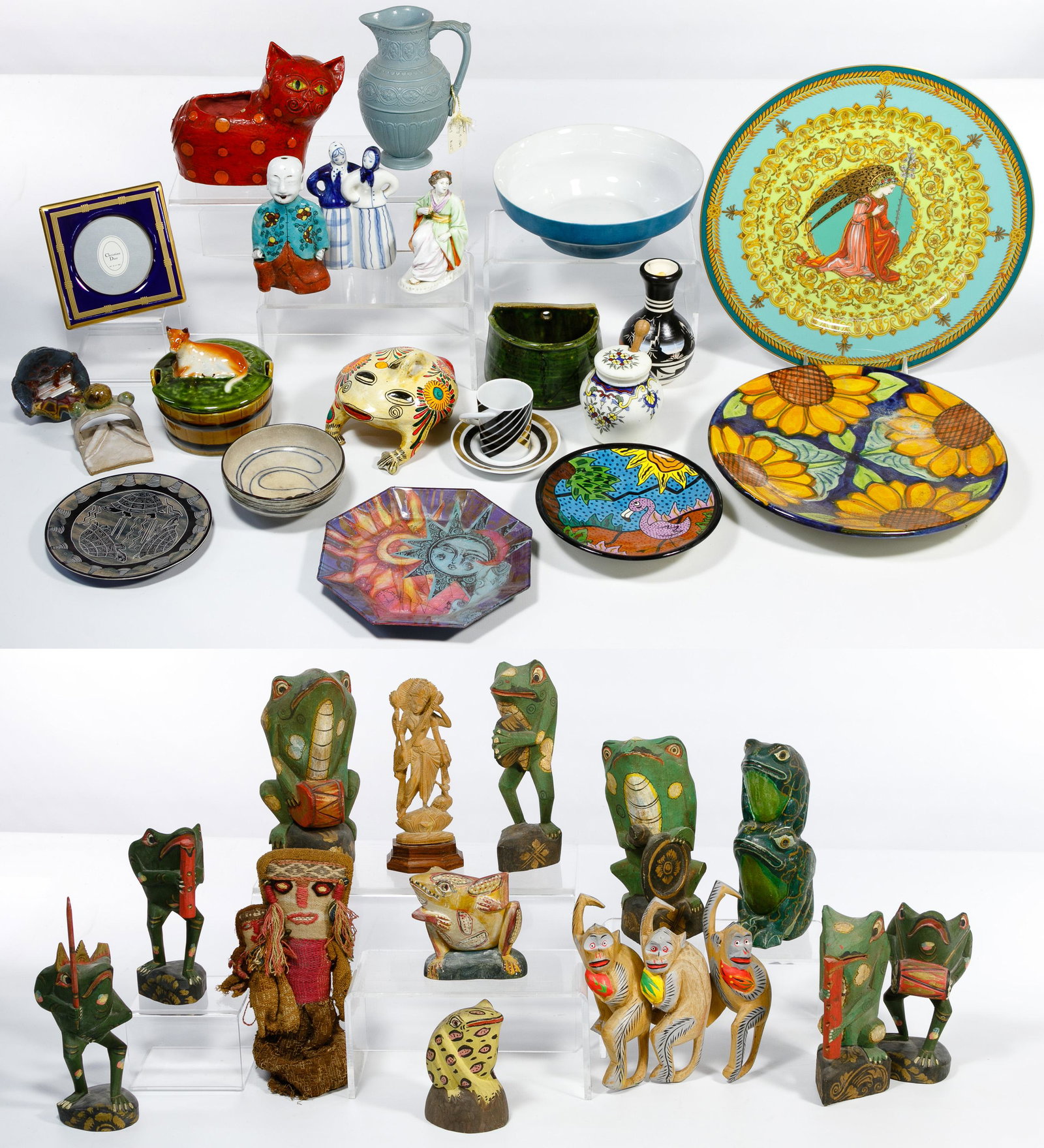 Multi-Cultural Decorative Object Assortment: Multi-Cultural Decorative Object Assortment (36) items, some made in Indonesia, Mexico, Russia, Kenya, Germany and England, including a collection of carved wood frogs and monkeys, pottery serving pie