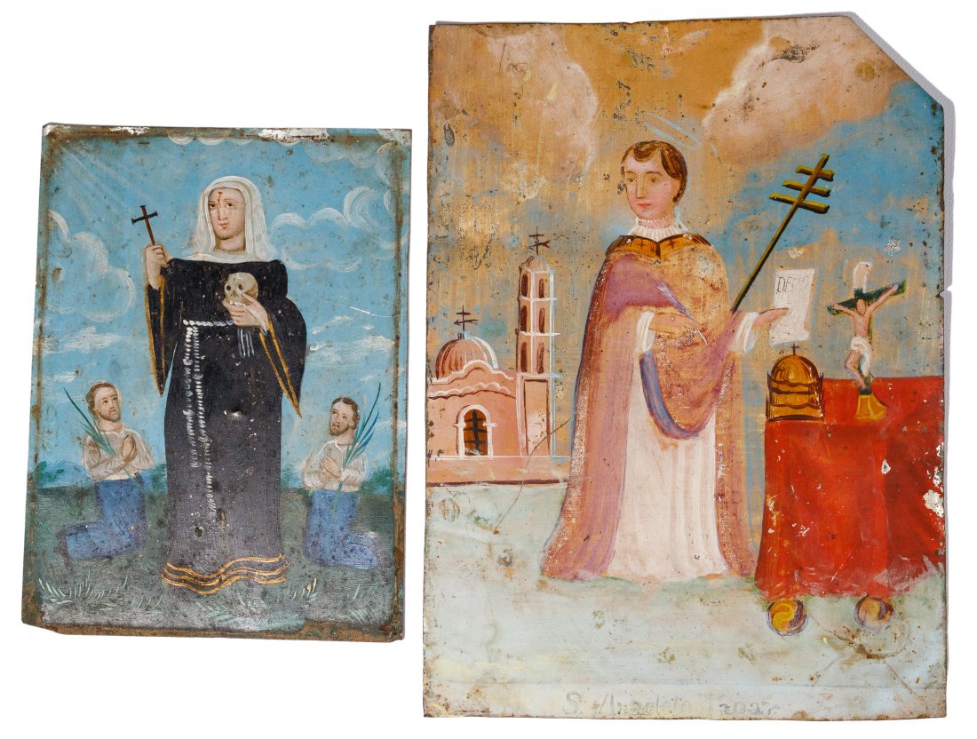 Central American Retablo on Tin Assortment: Central American Retablo on Tin Assortment (2) items including Santa Rita de Cascia; and a depiction of Pope Paul III signing the â€œSublimus Deus' bull proscribing the enslavement of indigenous p