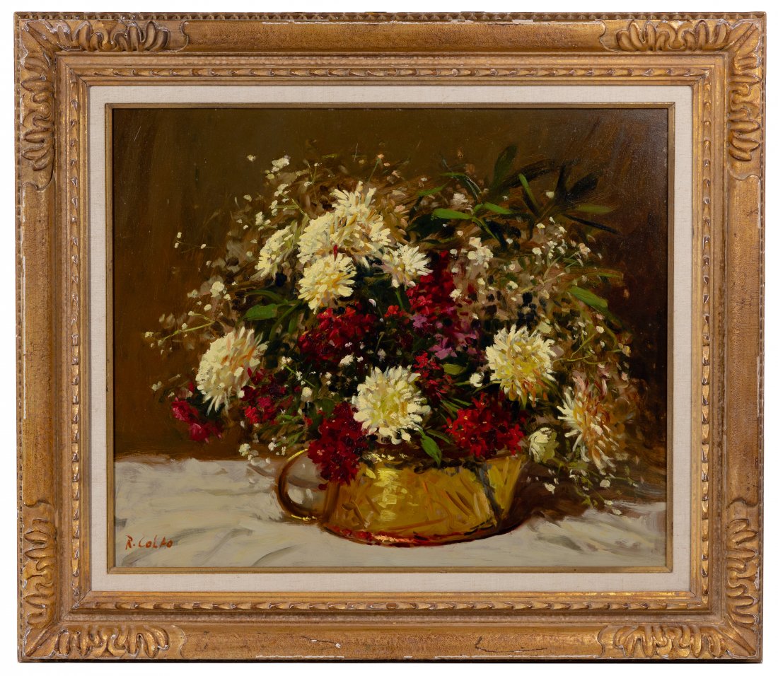 Rudolph Colao (American, 1927-2014) Oil on Masonite: Rudolph Colao (American, 1927-2014) Oil on Masonite Undated, signed lower left, depicting a still life of flowers in a copper pot; attached Marshall Field label en verso; carved wood gilt frame Height