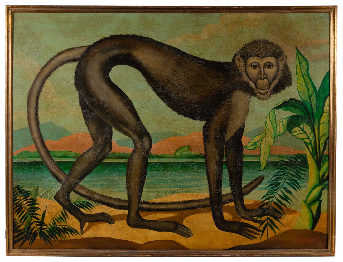 William Skilling (American, 1892-1964) Oil on Canvas: William Skilling (American, 1892-1964) Oil on Canvas Undated, signed lower right, depiction of a monkey amidst foliage on the sandy shore of a body of water, the far shore rising to mountains; gold-to