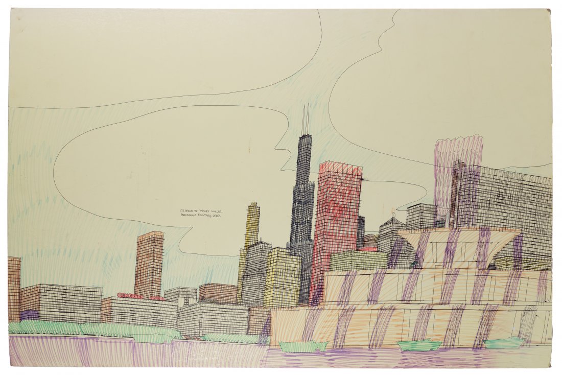 Wesley Willis (American, 1963-2003): Wesley Willis (American, 1963-2003) 'Buckingham Fountain' Pen and Marker on Poster Board 2002, dated and signed middle center in cloud, depiction of fountain in front of Chicago skyline, unframed Heig