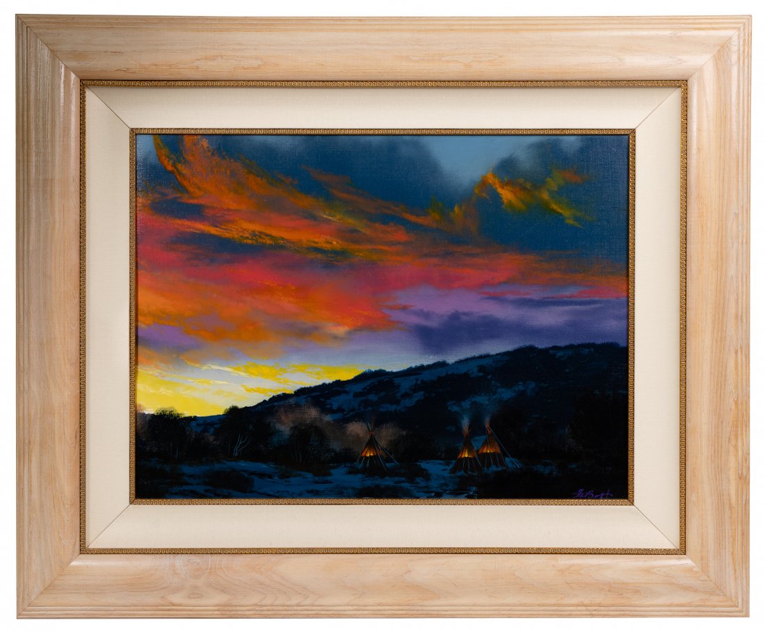Dale Terbush (American, b.1948) "The Peace that Bonds": Dale Terbush (American, b.1948) 'The Peace that Bonds the Night' Acrylic on Canvas Signed lower right, depicting a landscape having teepees at dusk; blonde wood frame; titled and inscribed by the arti